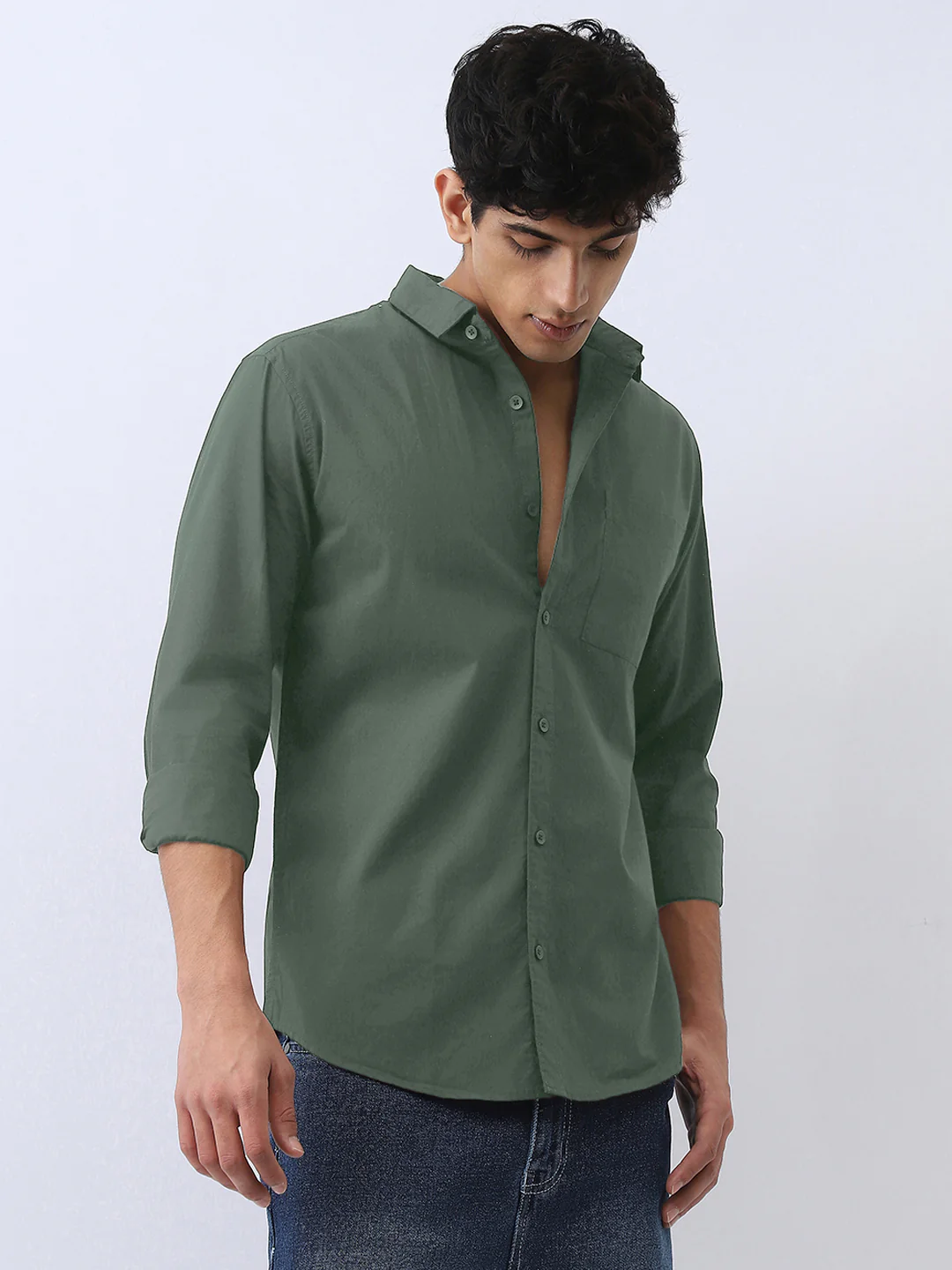 Men's Sage Green Cotton Full Sleeve Regular Fit Casual Solid Shirt - Image 2