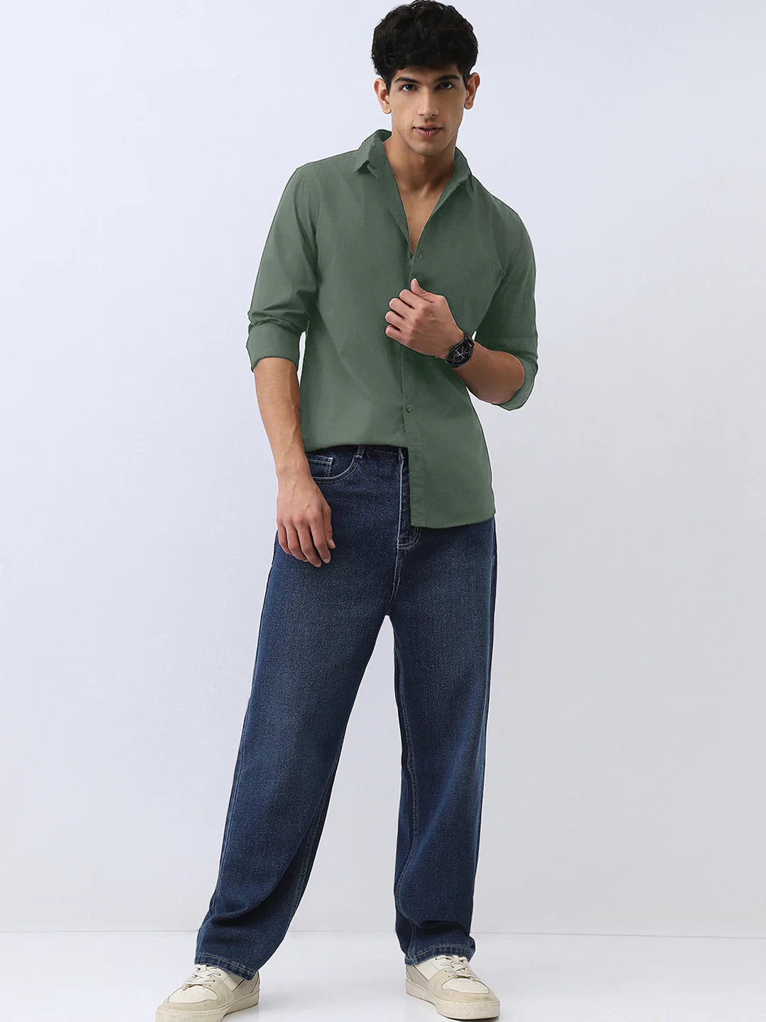 Men's Sage Green Cotton Full Sleeve Regular Fit Casual Solid Shirt - Image 4