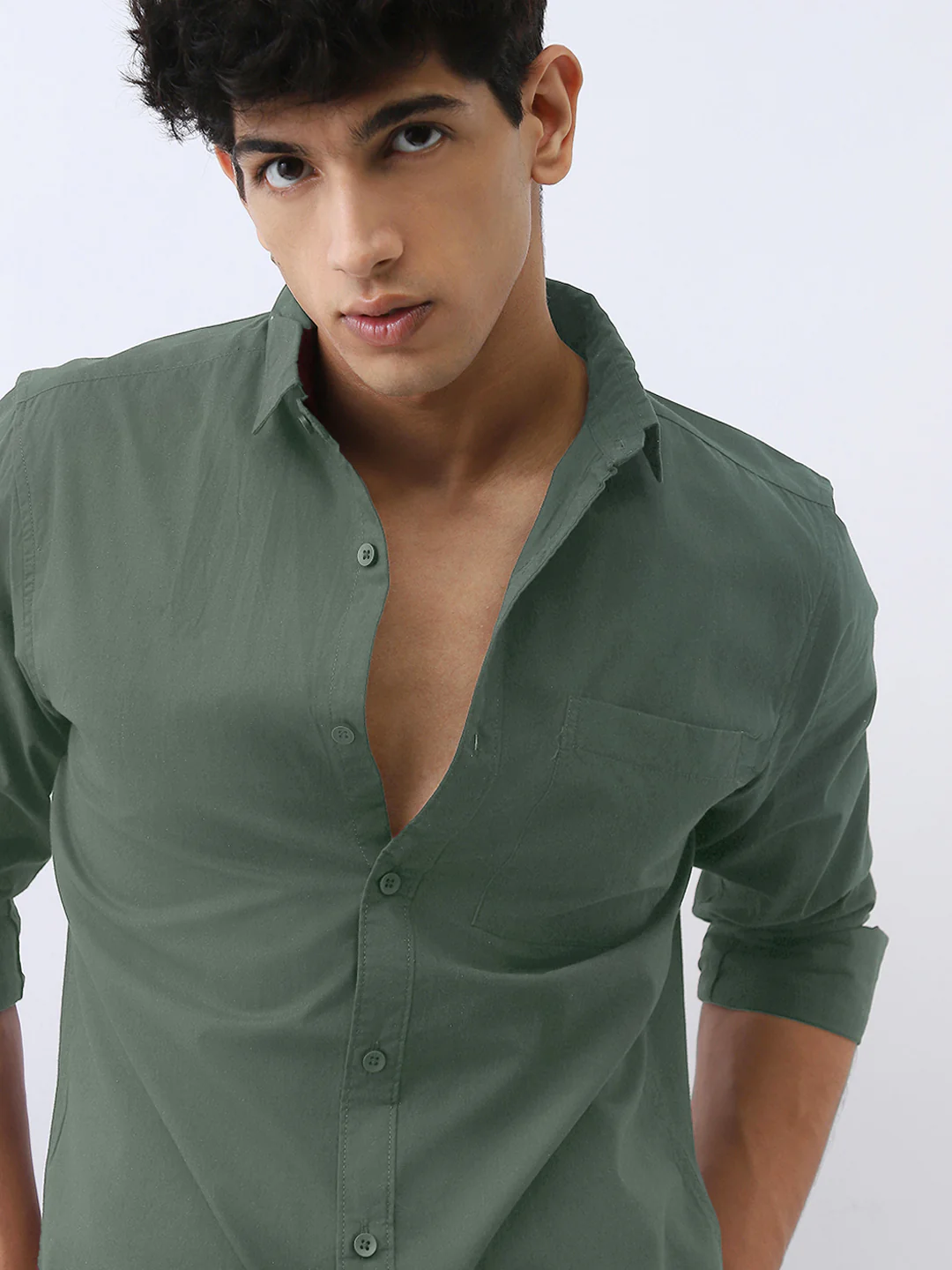 Men's Sage Green Cotton Full Sleeve Regular Fit Casual Solid Shirt - Image 5