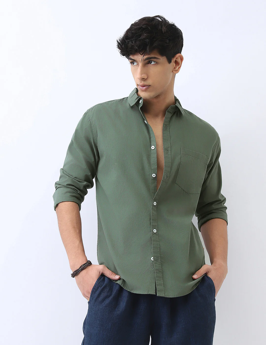 Men's Sage Green Cotton Full Sleeve Regular Fit Casual Solid Shirt - Image 2