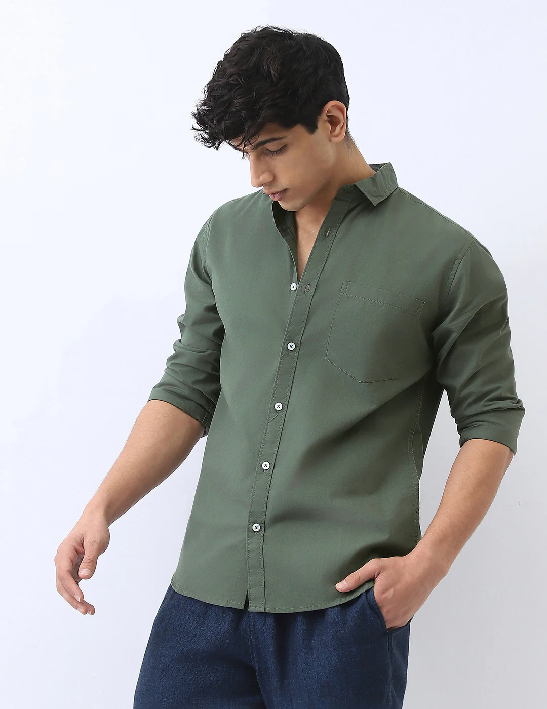 Men's Sage Green Cotton Full Sleeve Regular Fit Casual Solid Shirt - Image 3