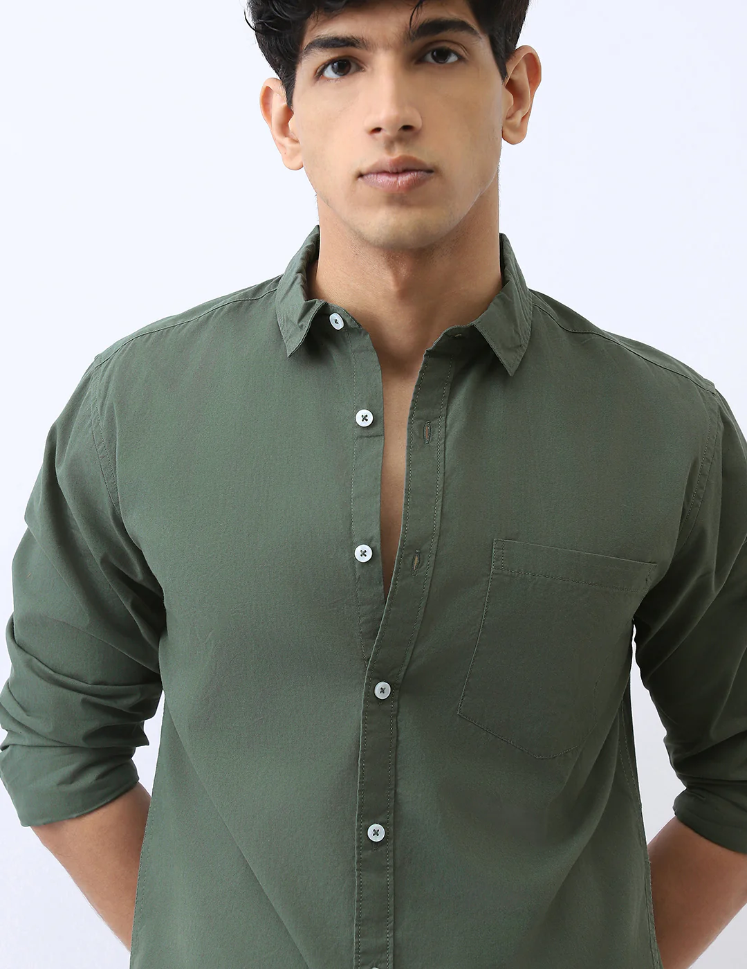 Men's Sage Green Cotton Full Sleeve Regular Fit Casual Solid Shirt - Image 6