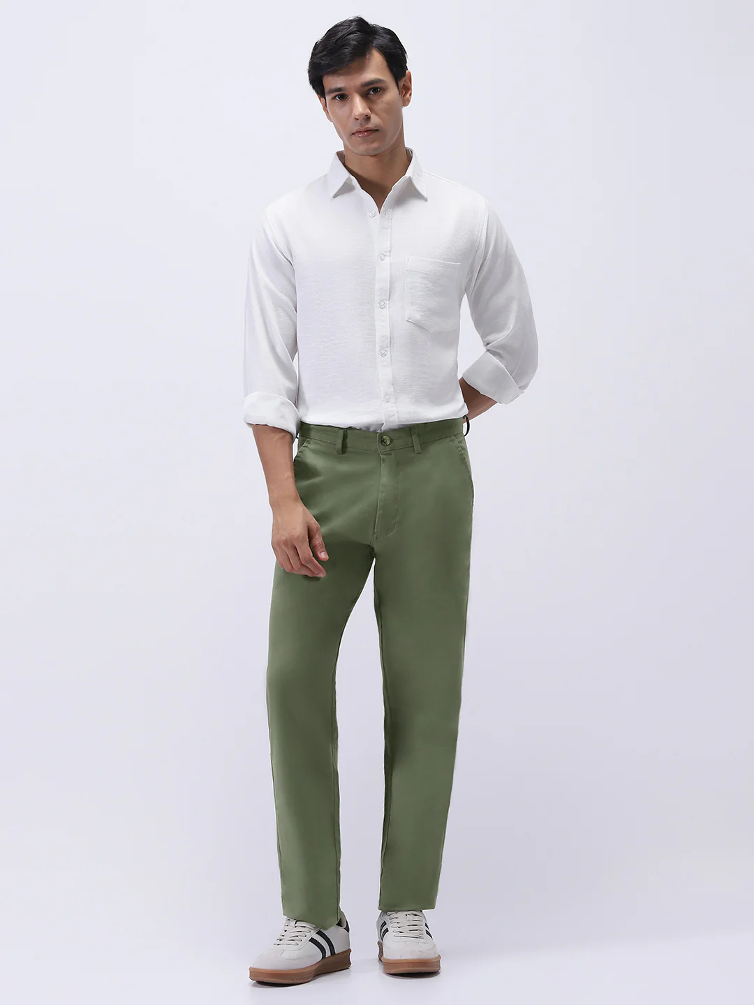 Men's Sage Green Cotton Regular Fit Casual Chinos Trousers Stretch - Image 5