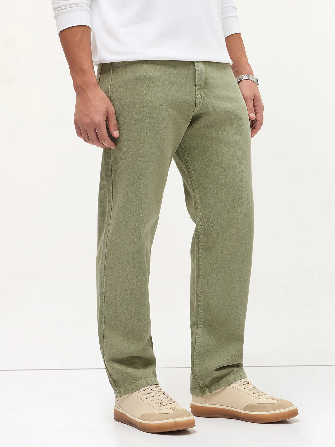 Men's Sage Green Loose Baggy Fit Washed Denim Jeans Non-Stretchable - Image 2