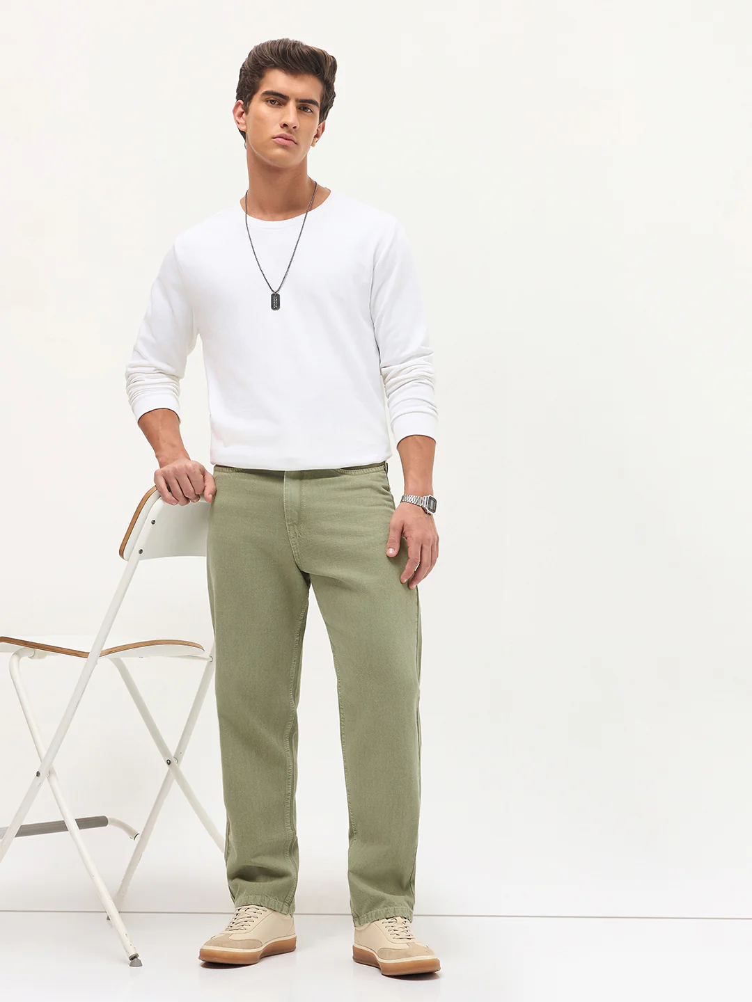 Men's Sage Green Loose Baggy Fit Washed Denim Jeans Non-Stretchable - Image 4