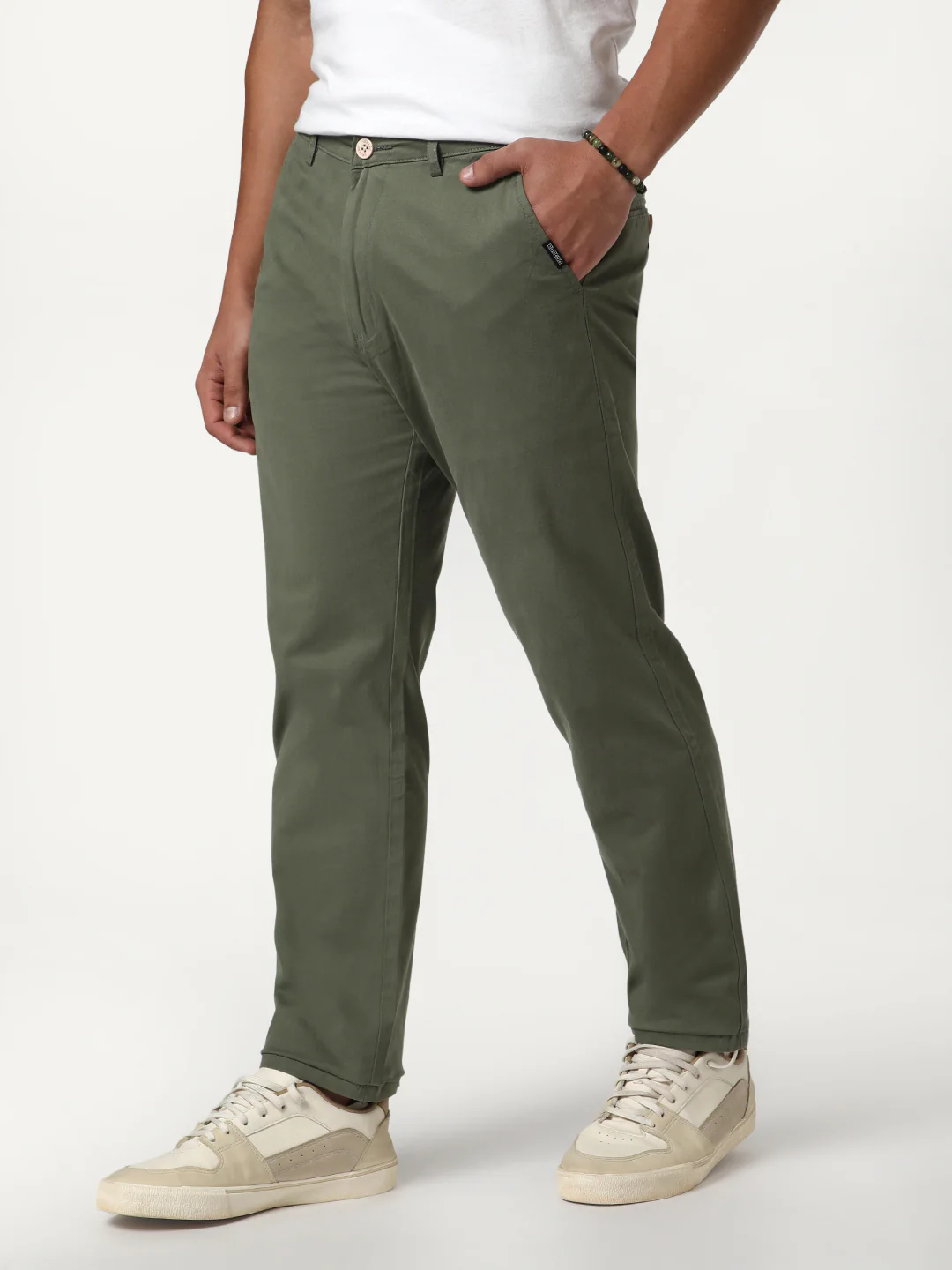 Men's Sage Green Straight Fit Mid Rise Cotton Casual Chinos Trousers Stretch - Image 2