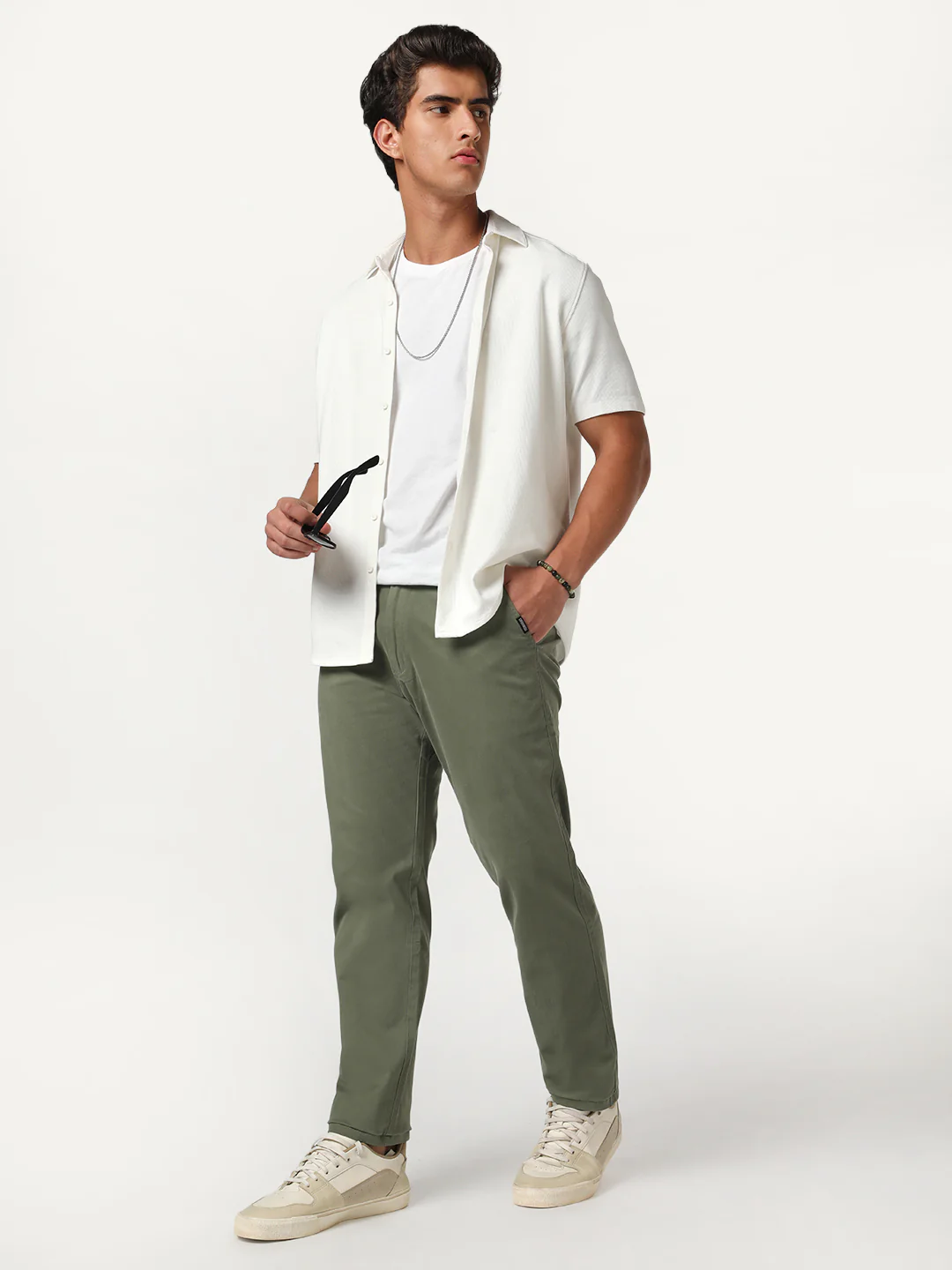 Men's Sage Green Straight Fit Mid Rise Cotton Casual Chinos Trousers Stretch - Image 4