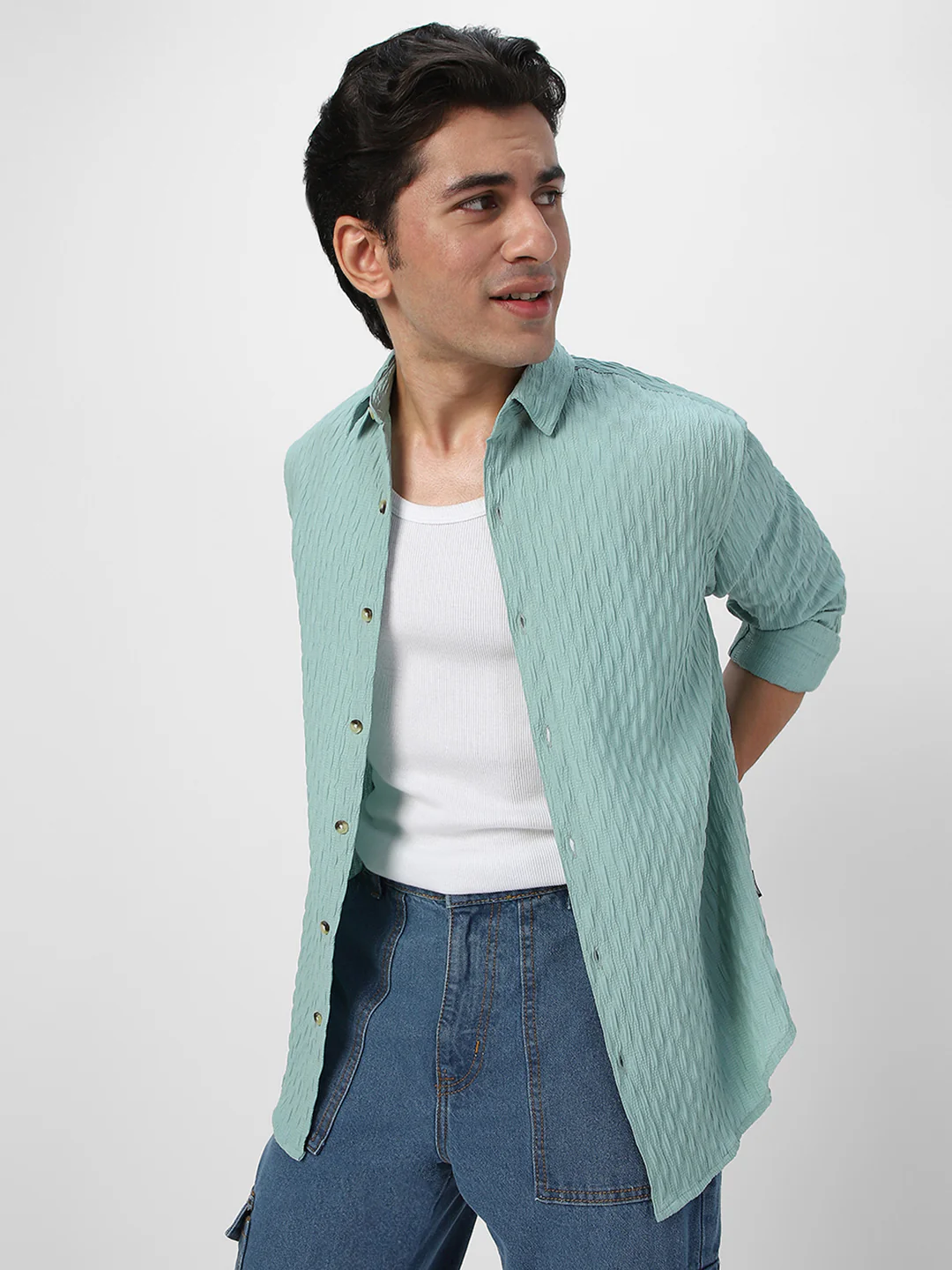 Men's Sea Green Cotton Full Sleeve Regular Fit Textured Shirt with Spread Collar - Image 2
