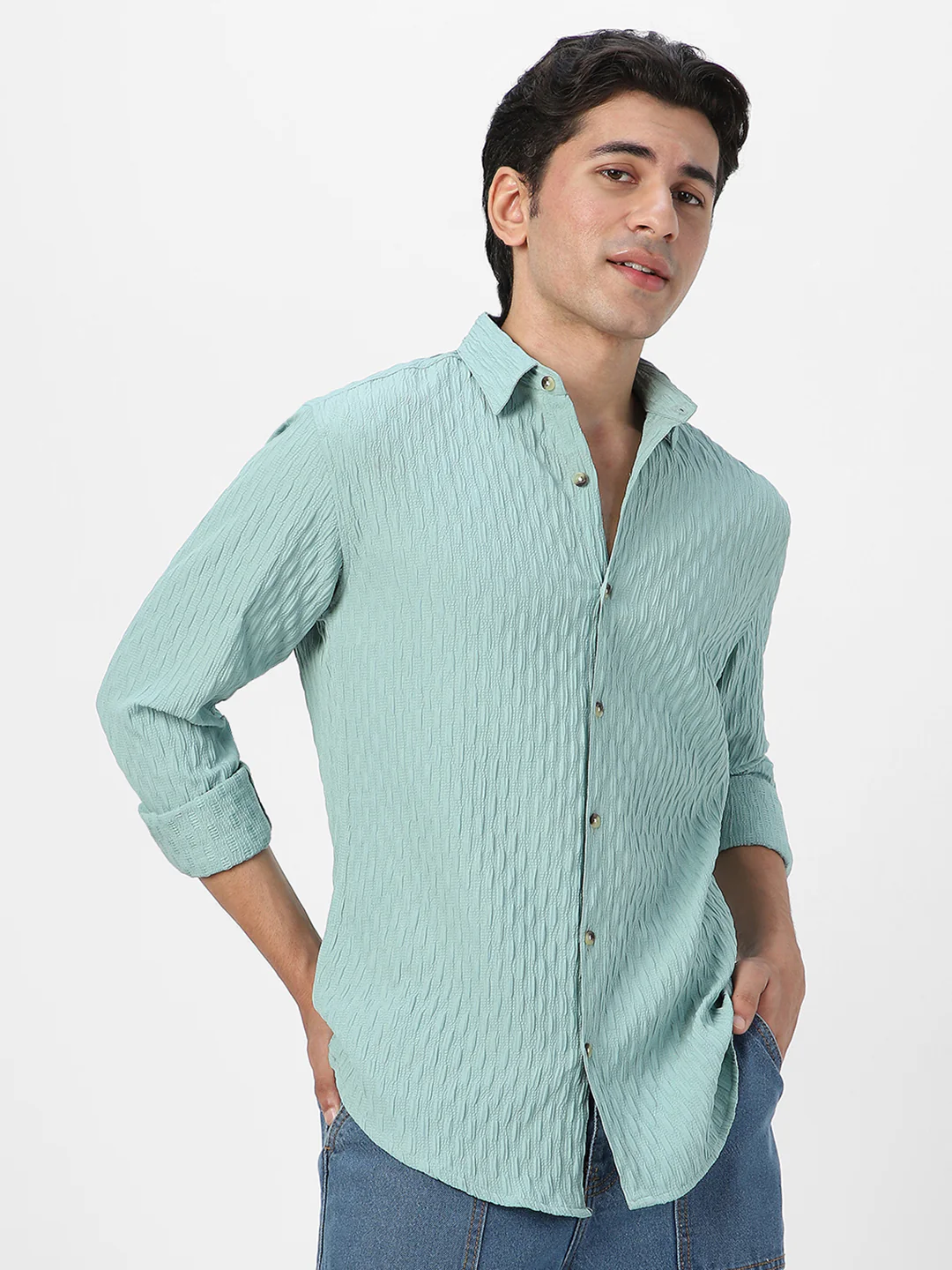 Men's Sea Green Cotton Full Sleeve Regular Fit Textured Shirt with Spread Collar - Image 3