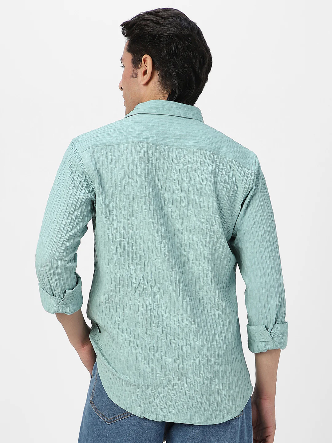 Men's Sea Green Cotton Full Sleeve Regular Fit Textured Shirt with Spread Collar - Image 4