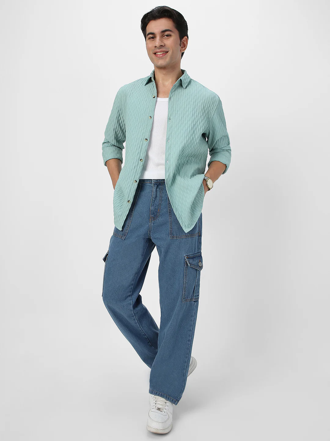 Men's Sea Green Cotton Full Sleeve Regular Fit Textured Shirt with Spread Collar - Image 5