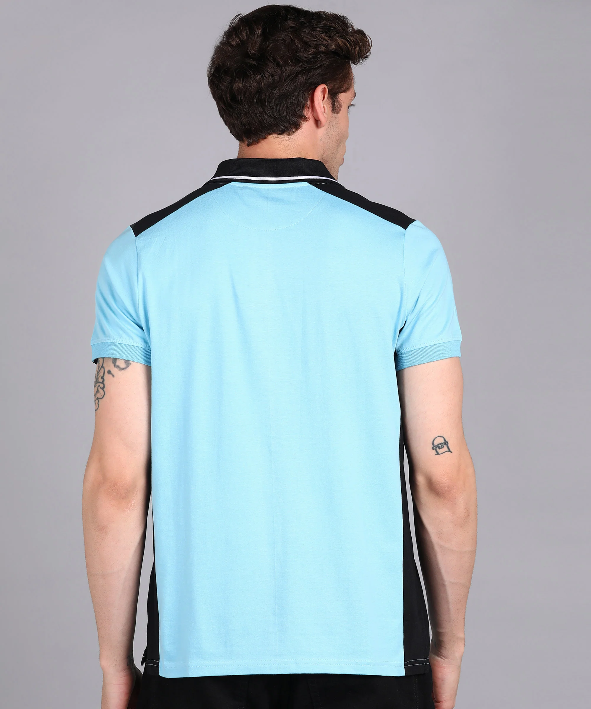 Men's Sky Blue, Black Colour-Block Slim Fit Half Sleeve Cotton Polo T-Shirt - Image 3