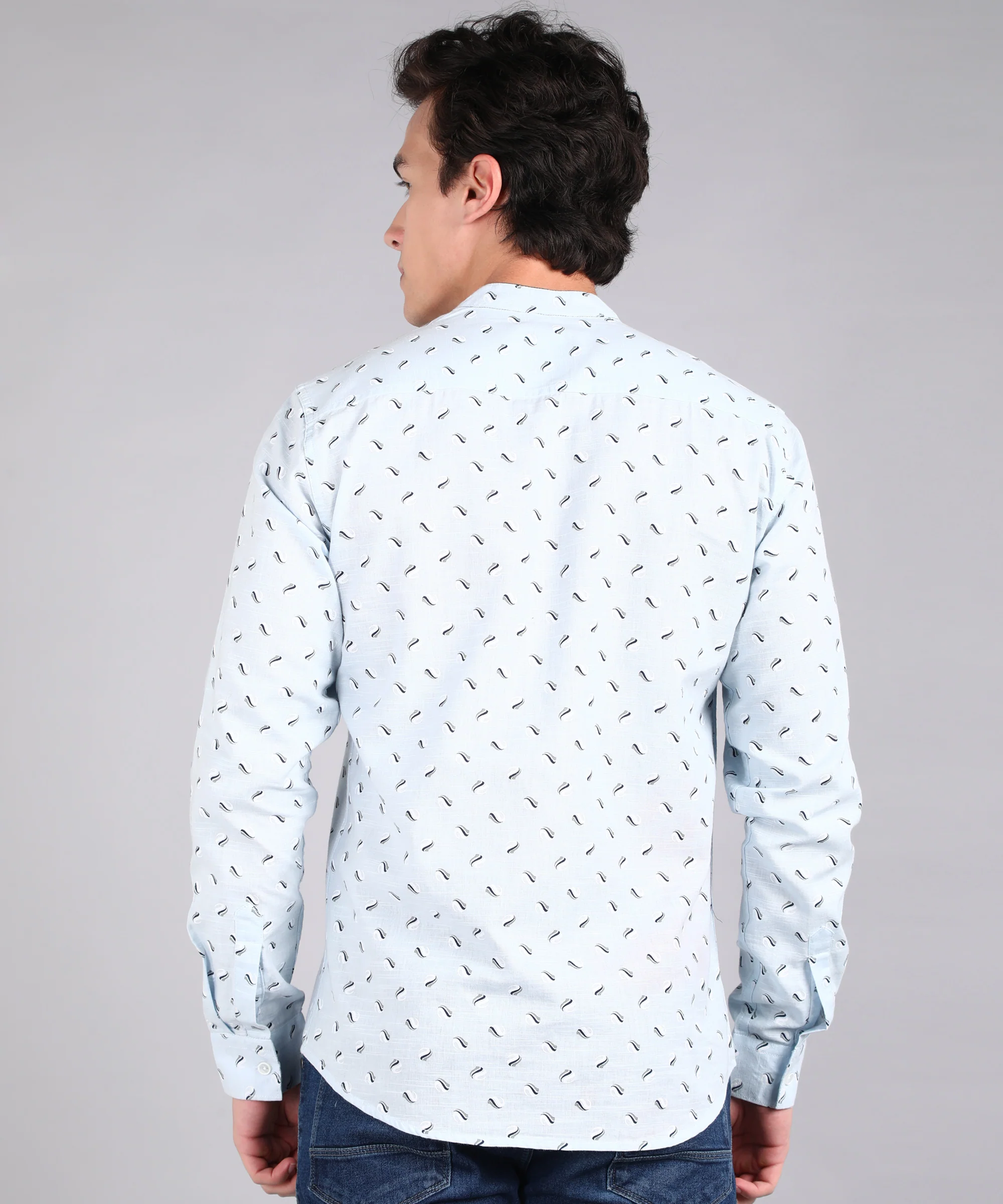 Men's Sky Blue Cotton Full Sleeve Slim Fit Casual Printed Shirt with Mandarin Collar - Image 3