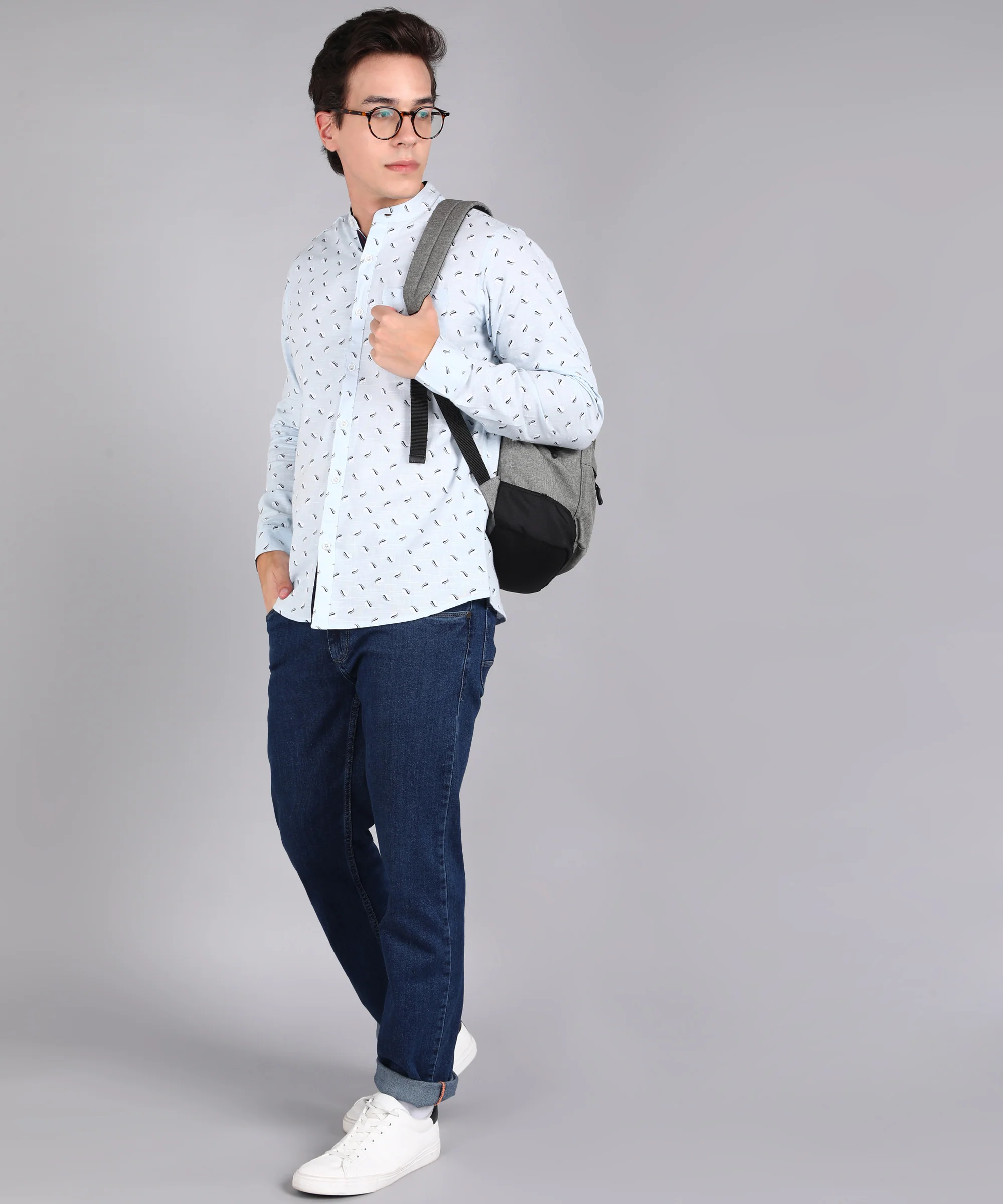 Men's Sky Blue Cotton Full Sleeve Slim Fit Casual Printed Shirt with Mandarin Collar - Image 4