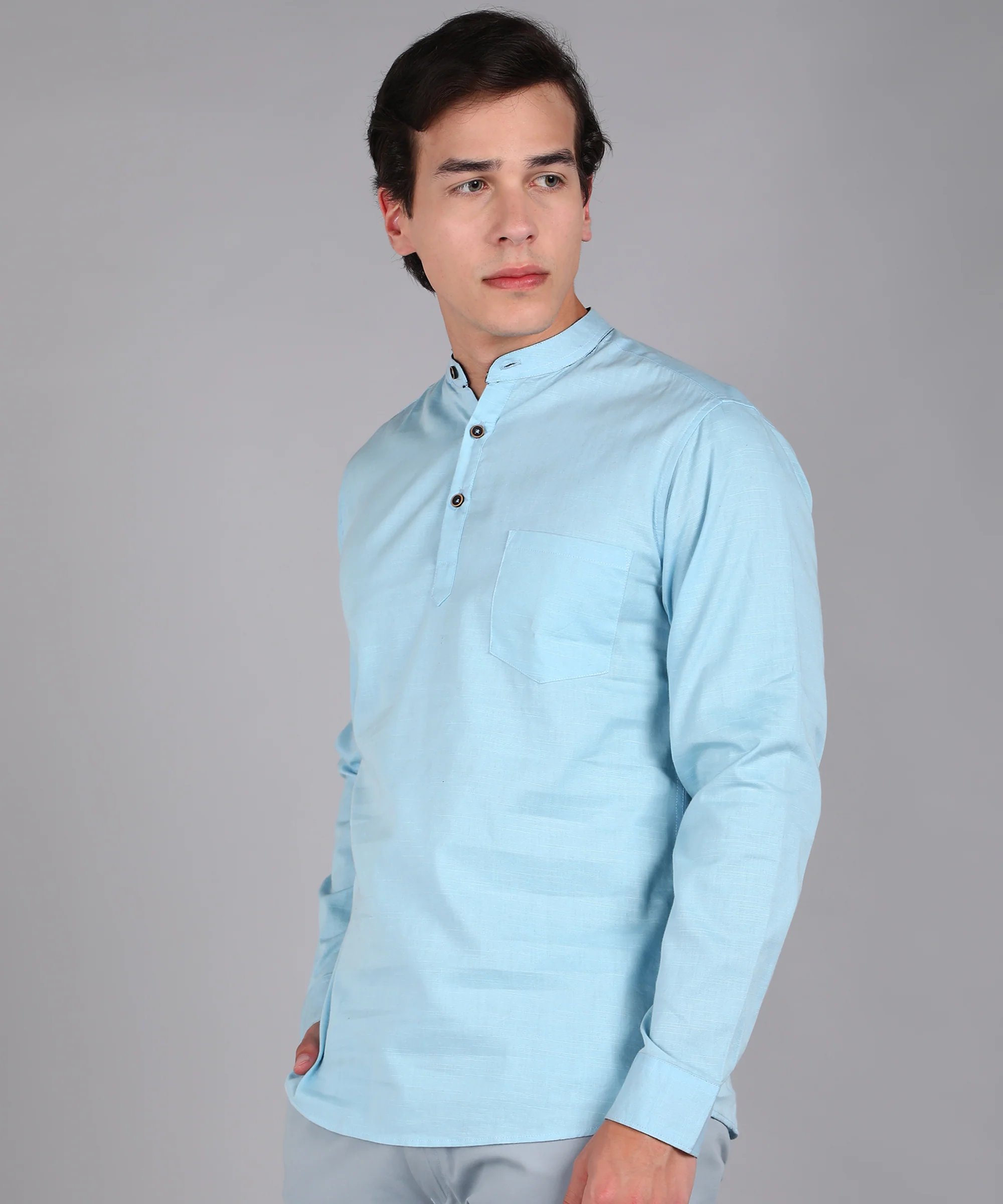 Men's Sky Blue Cotton Full Sleeve Slim Fit Solid Shirt with Mandarin Collar - Image 2