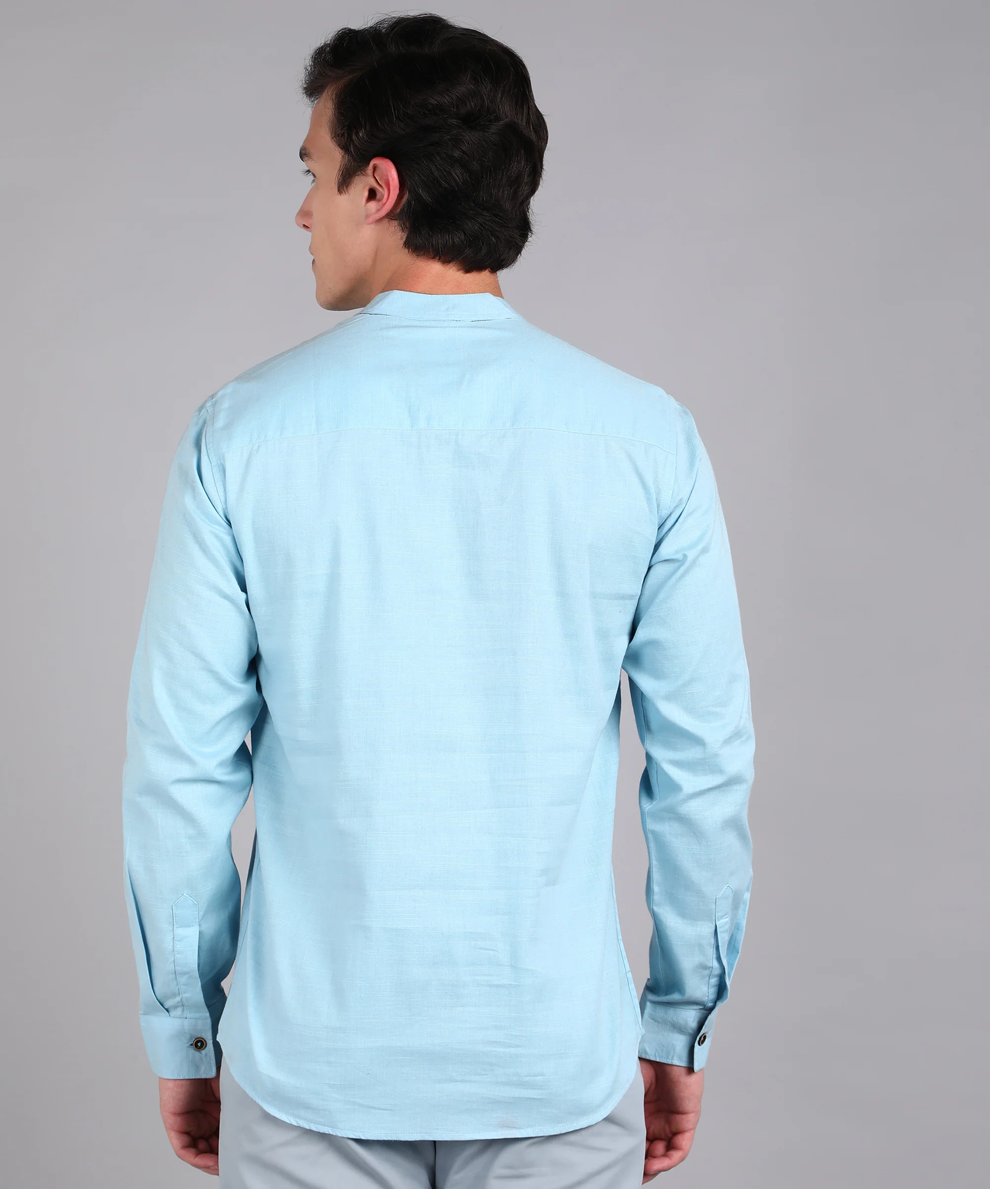 Men's Sky Blue Cotton Full Sleeve Slim Fit Solid Shirt with Mandarin Collar - Image 3