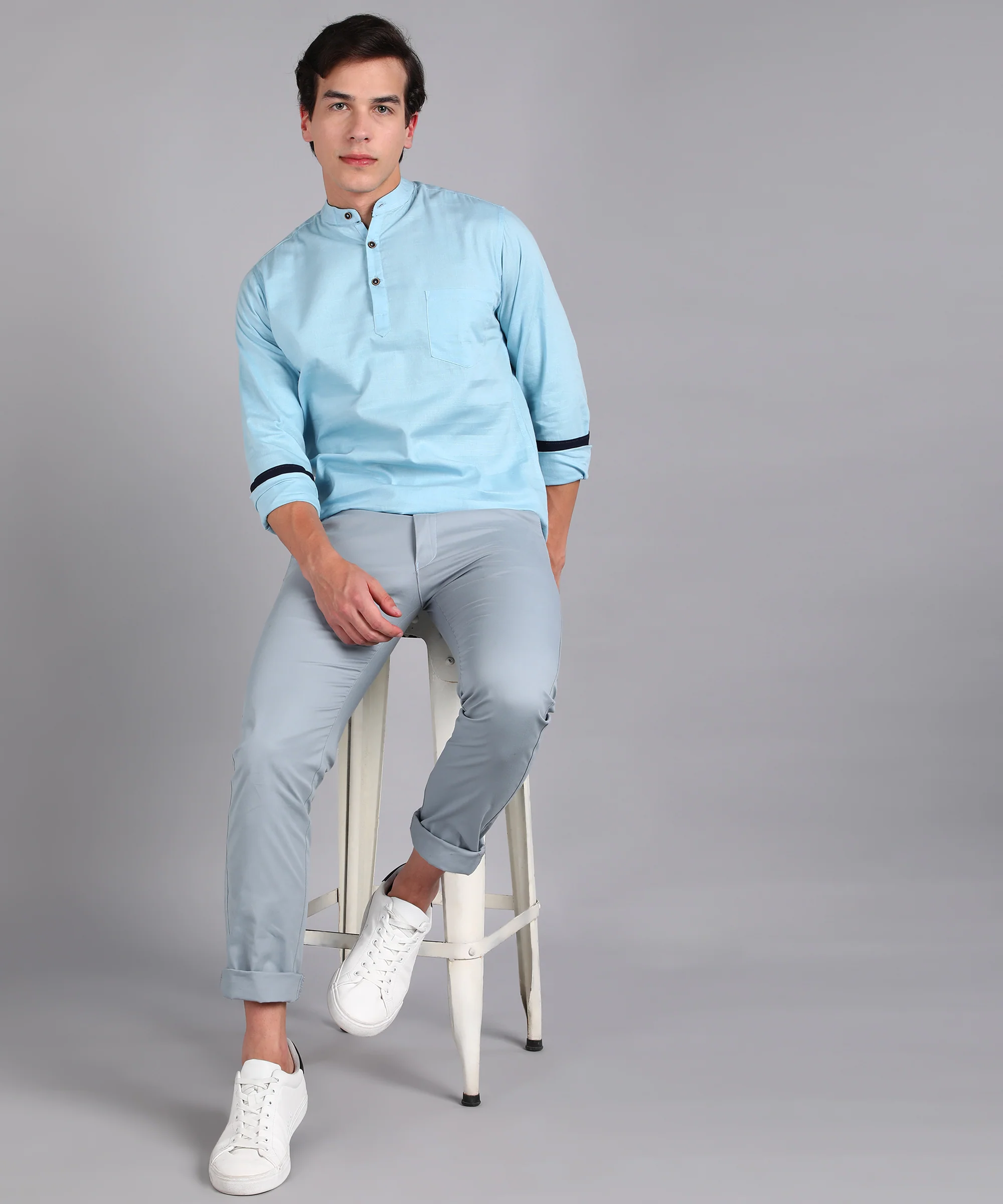 Men's Sky Blue Cotton Full Sleeve Slim Fit Solid Shirt with Mandarin Collar - Image 4