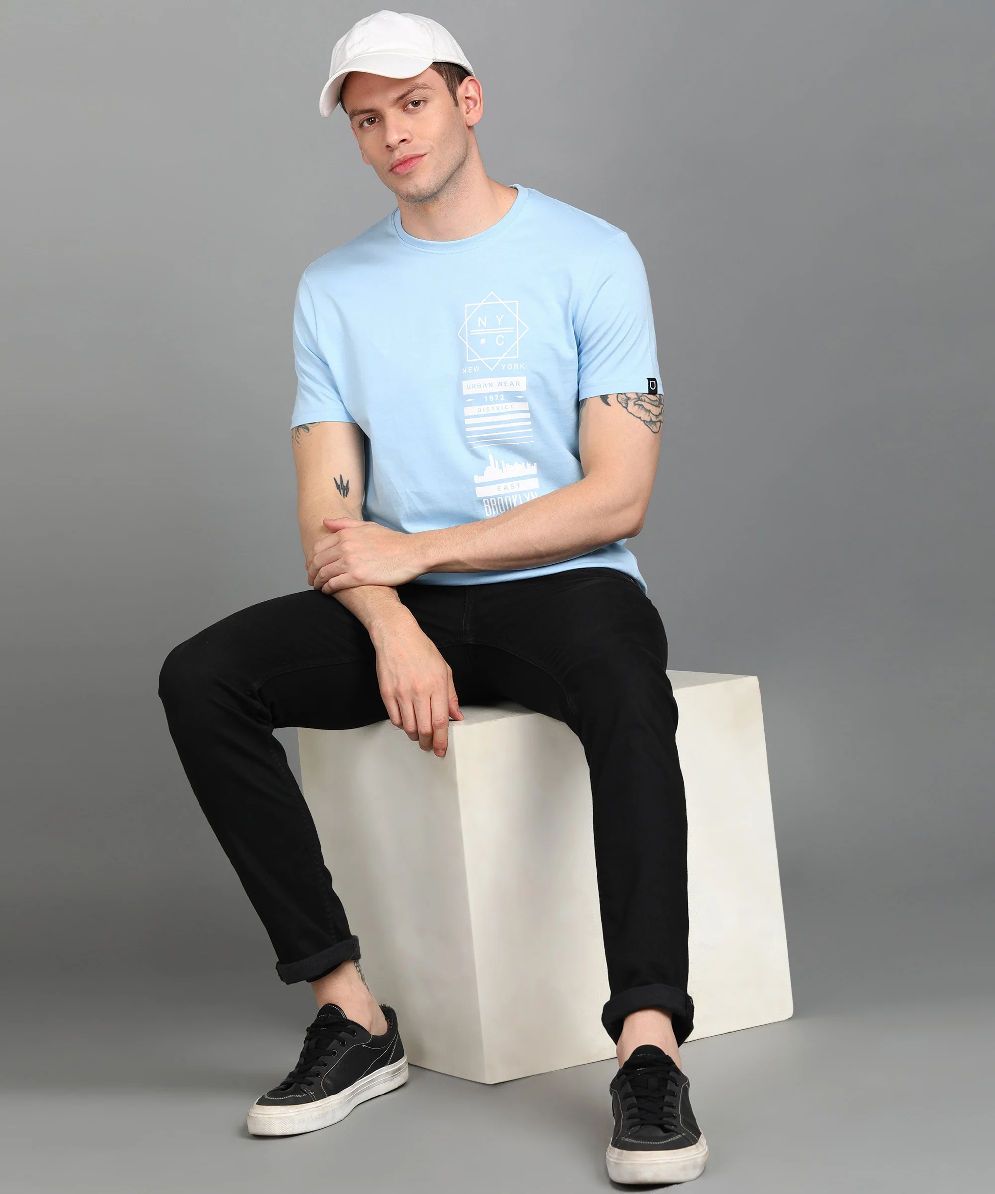 Urbano Fashion Men's Sky Blue Graphic Printed Round Neck Half Sleeve Slim Fit Cotton T-Shirt - Image 4