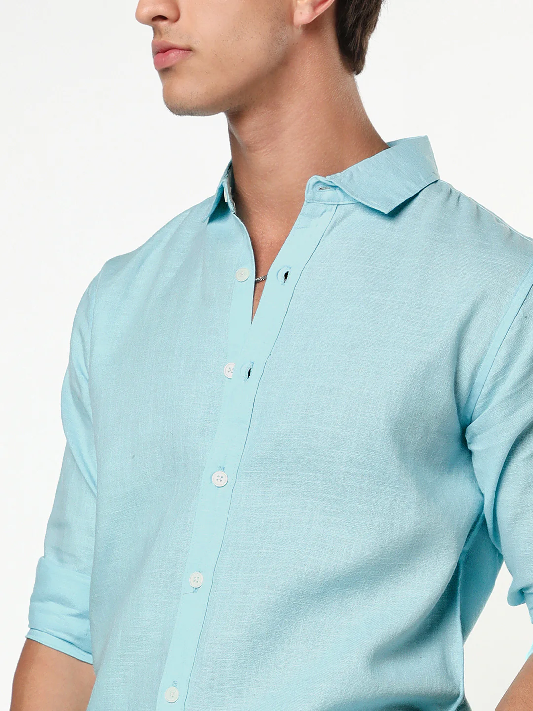 Men's Sky Blue Linen Blend Full Sleeve Relaxed Fit Casual Solid Shirt - Image 6