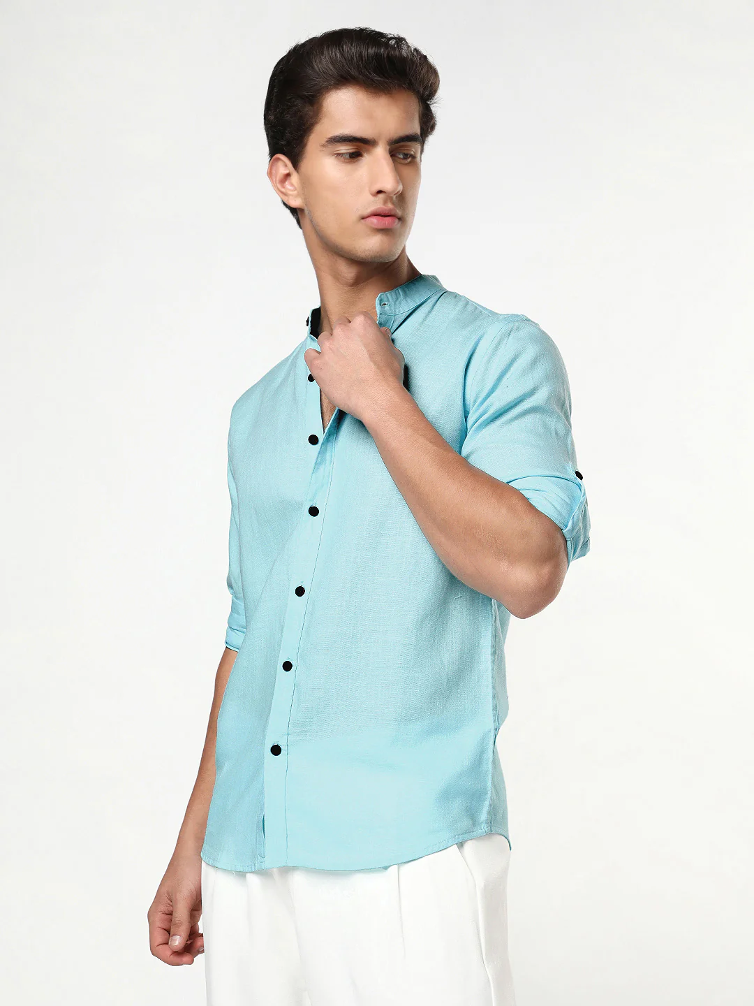 Men's Sky Blue Linen Blend Full Sleeve Relaxed Fit Mandarin Collar Casual Solid Shirt - Image 2