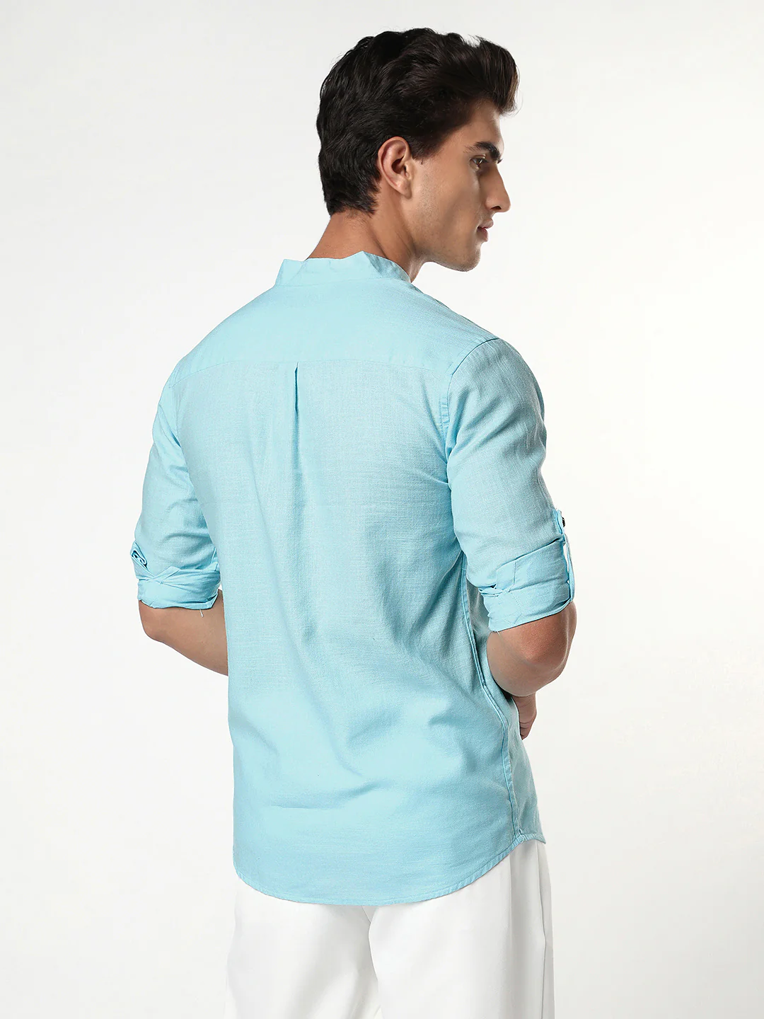Men's Sky Blue Linen Blend Full Sleeve Relaxed Fit Mandarin Collar Casual Solid Shirt - Image 3