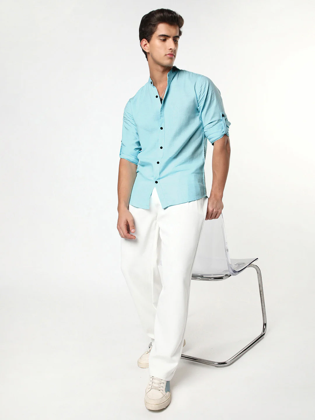 Men's Sky Blue Linen Blend Full Sleeve Relaxed Fit Mandarin Collar Casual Solid Shirt - Image 4