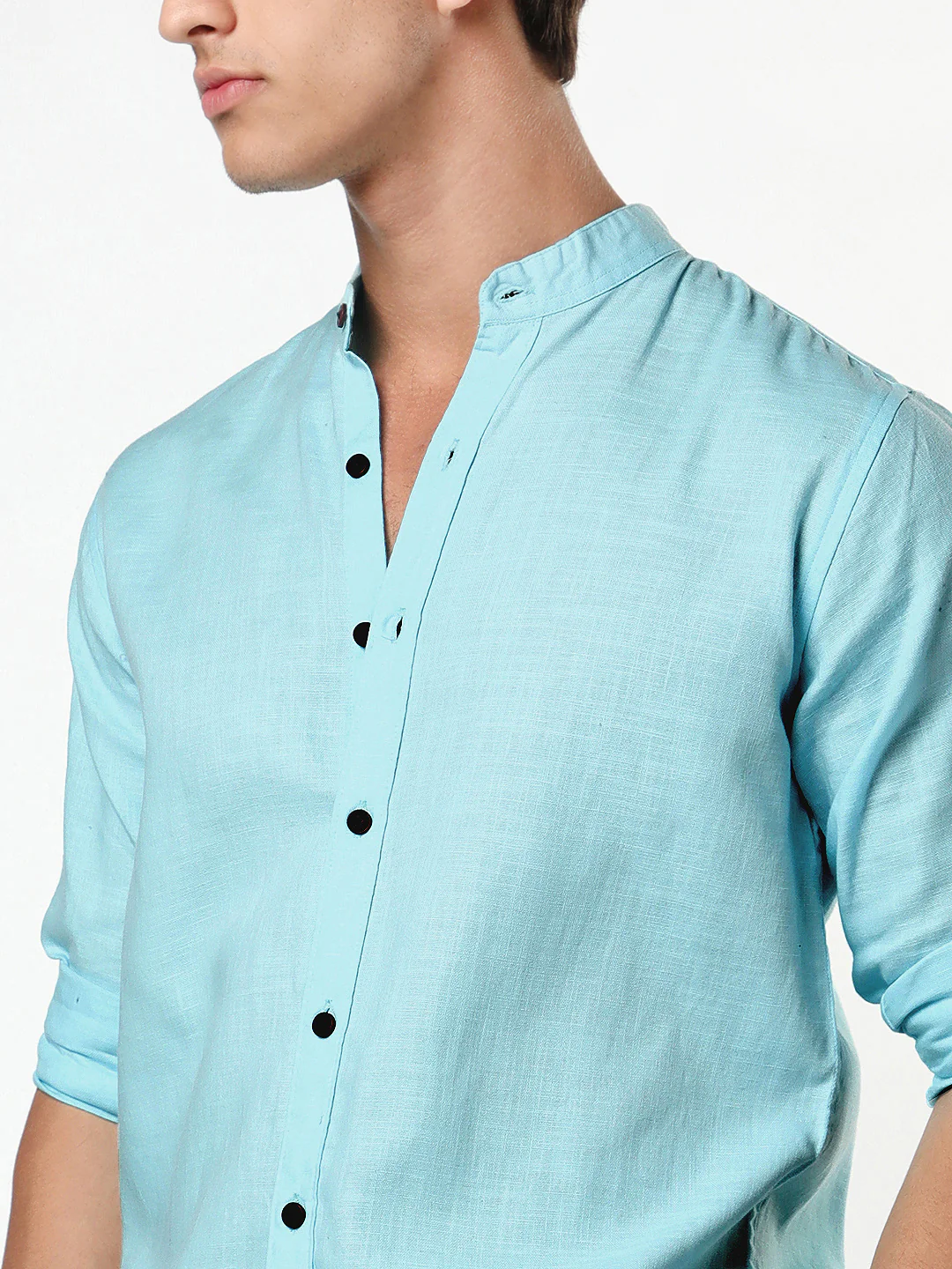 Men's Sky Blue Linen Blend Full Sleeve Relaxed Fit Mandarin Collar Casual Solid Shirt - Image 6
