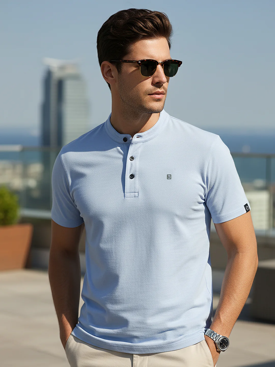 Men's Sky Blue Melange Solid Mandarin Collar Slim Fit Half Sleeve Cotton T-Shirt