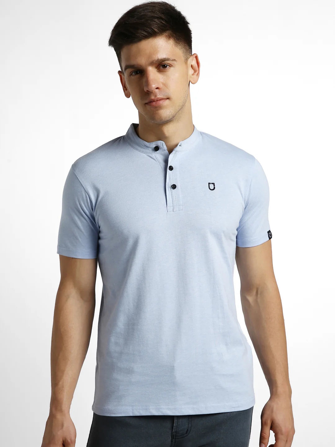 Men's Sky Blue Melange Solid Mandarin Collar Slim Fit Half Sleeve Cotton T-Shirt - Image 2