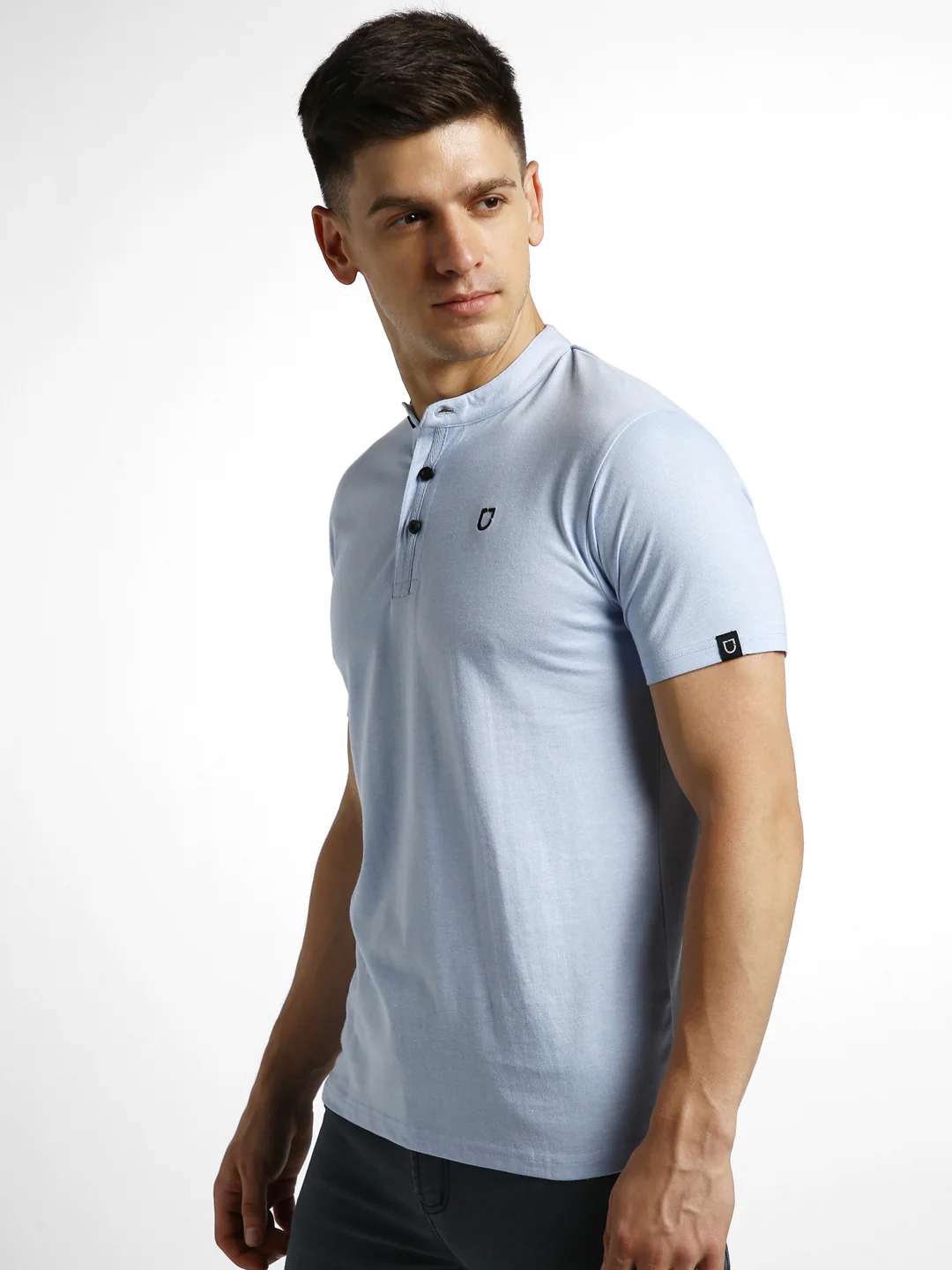 Men's Sky Blue Melange Solid Mandarin Collar Slim Fit Half Sleeve Cotton T-Shirt - Image 3
