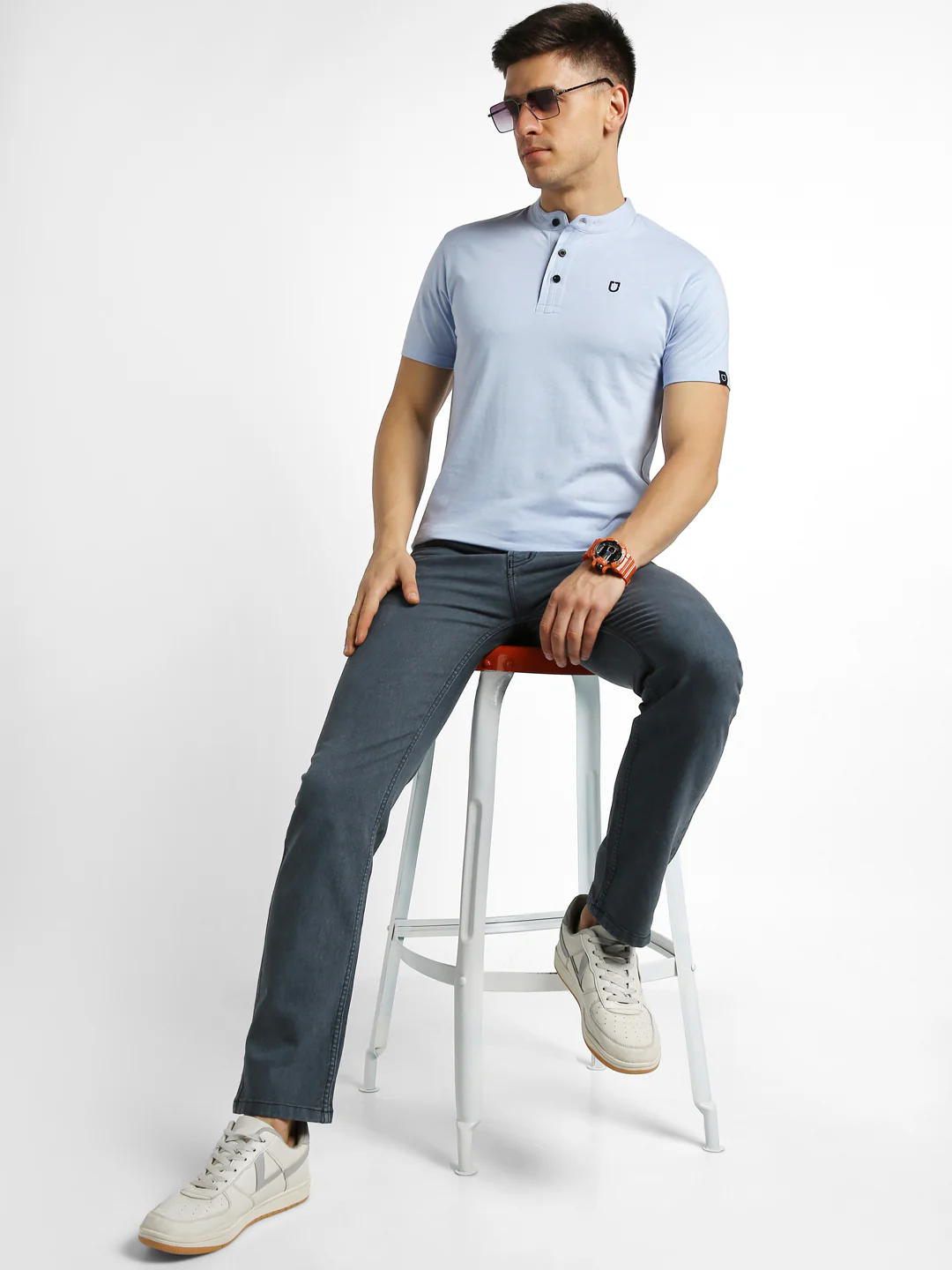 Men's Sky Blue Melange Solid Mandarin Collar Slim Fit Half Sleeve Cotton T-Shirt - Image 5