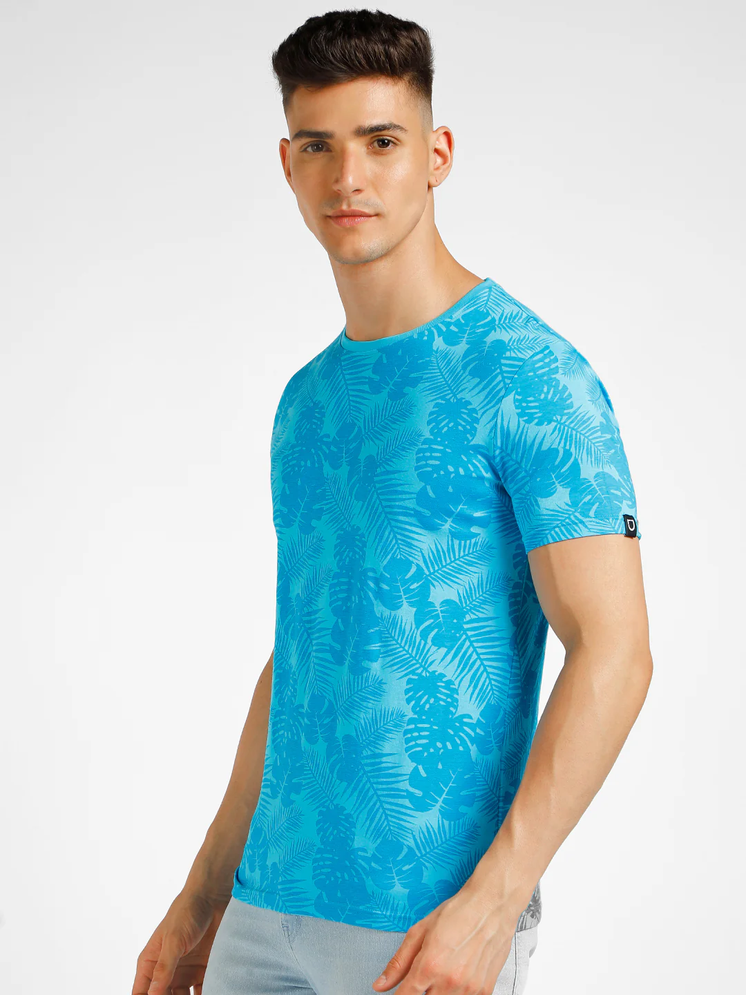 Men's Sky Blue Printed Round Neck Half Sleeve Slim Fit Cotton T-Shirt - Image 2