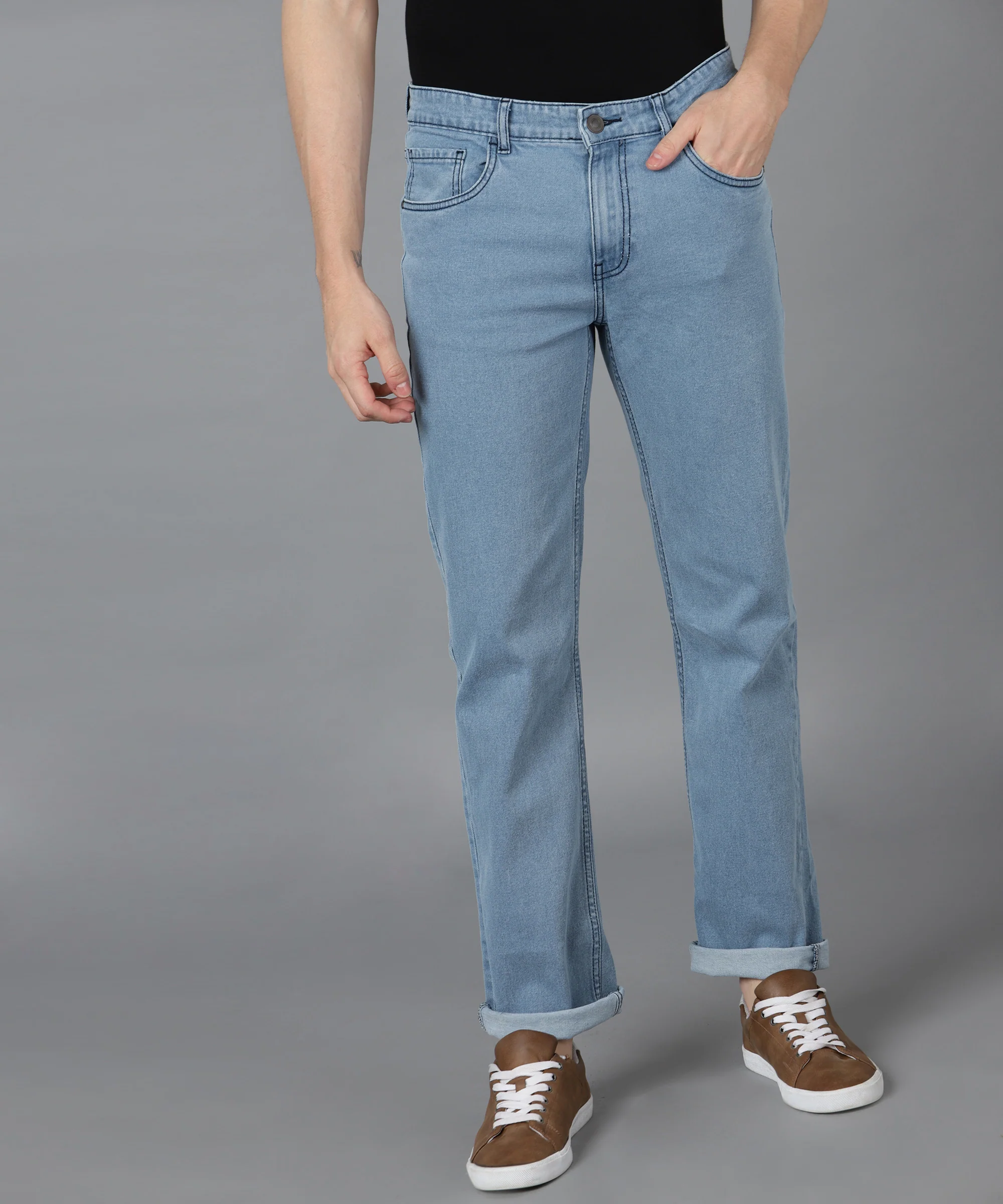 Men's Sky Blue Regular Fit Washed Jeans Stretchable - Image 4