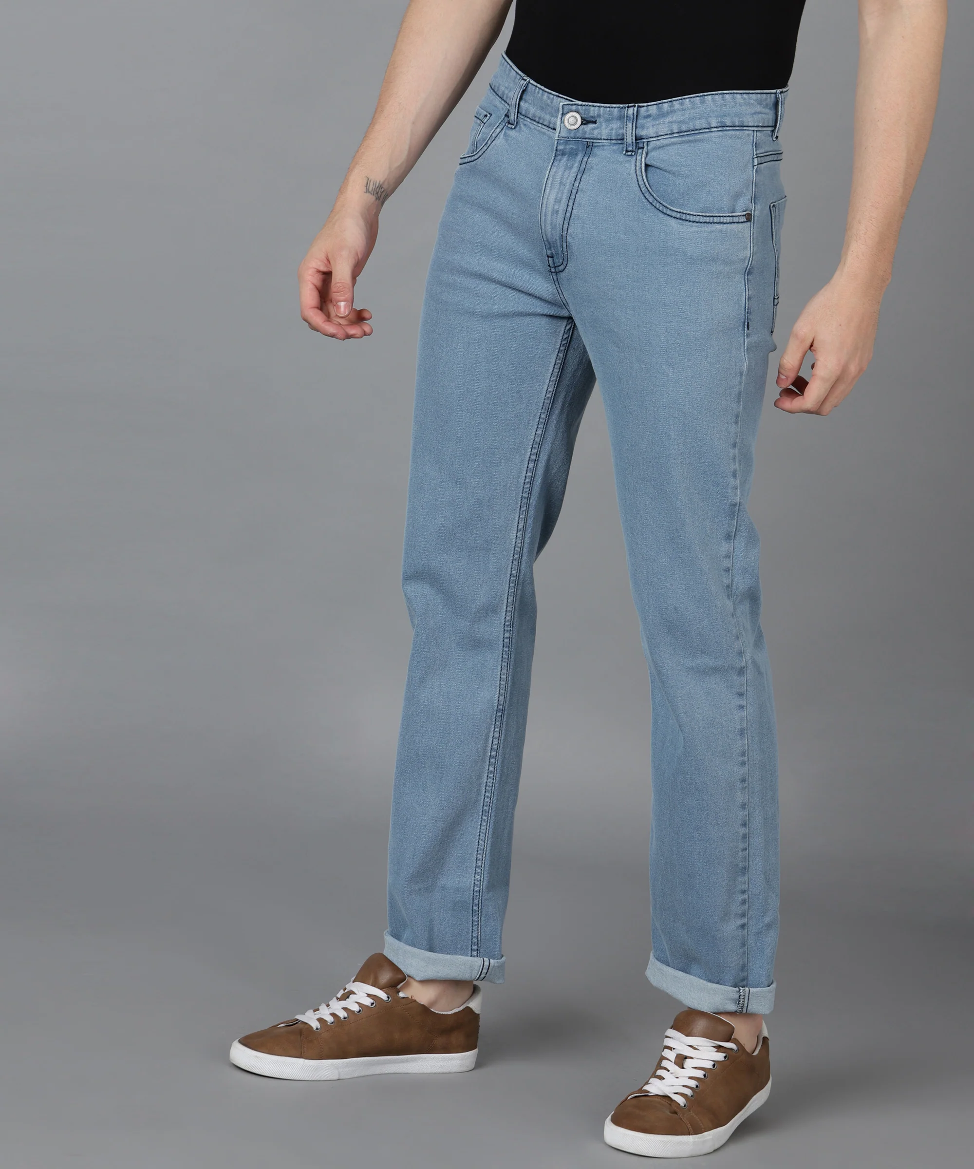Men's Sky Blue Regular Fit Washed Jeans Stretchable - Image 5