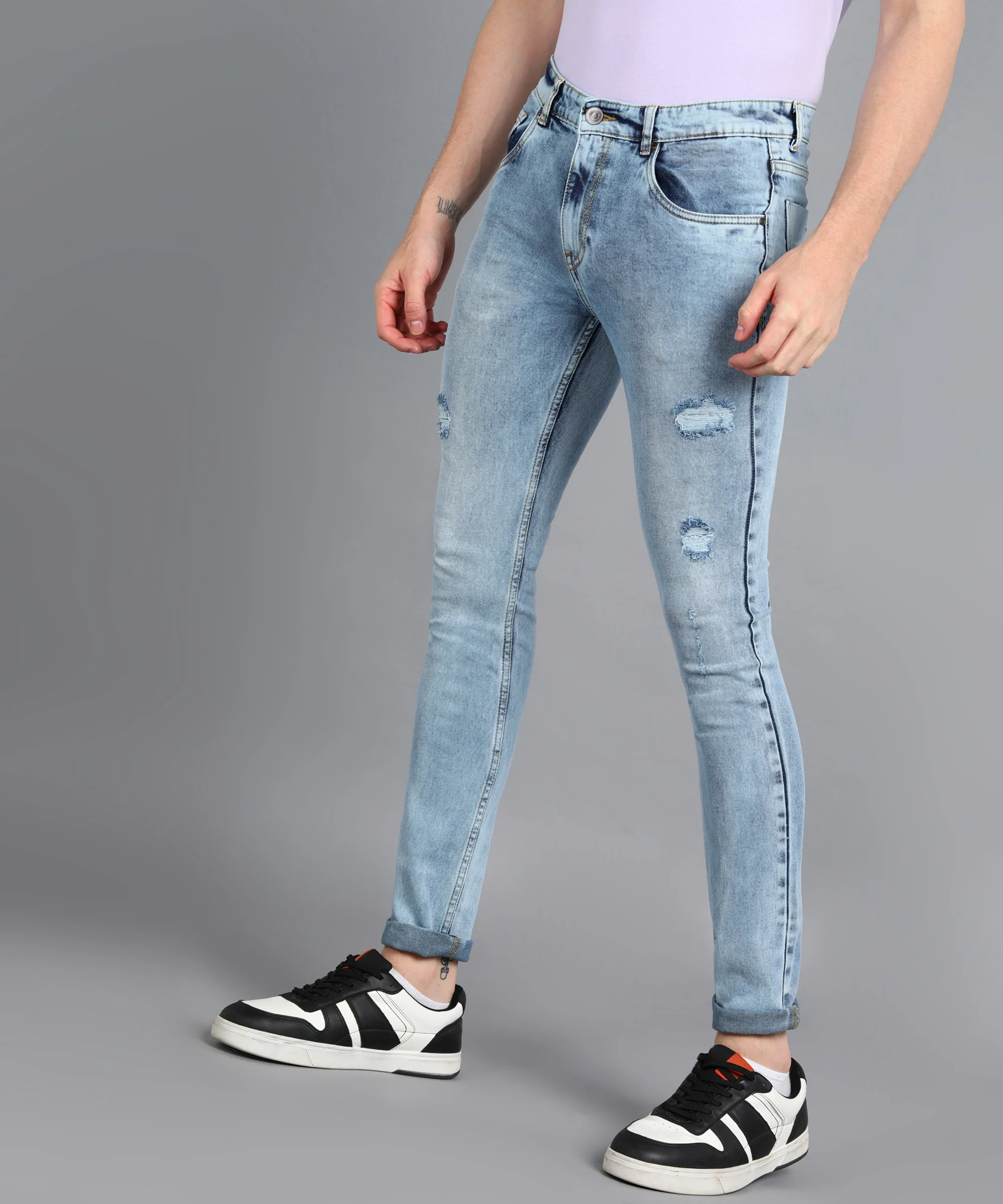 Men's Sky Blue Skinny Fit Washed Mild Distressed/Torn Jeans Stretchable - Image 2