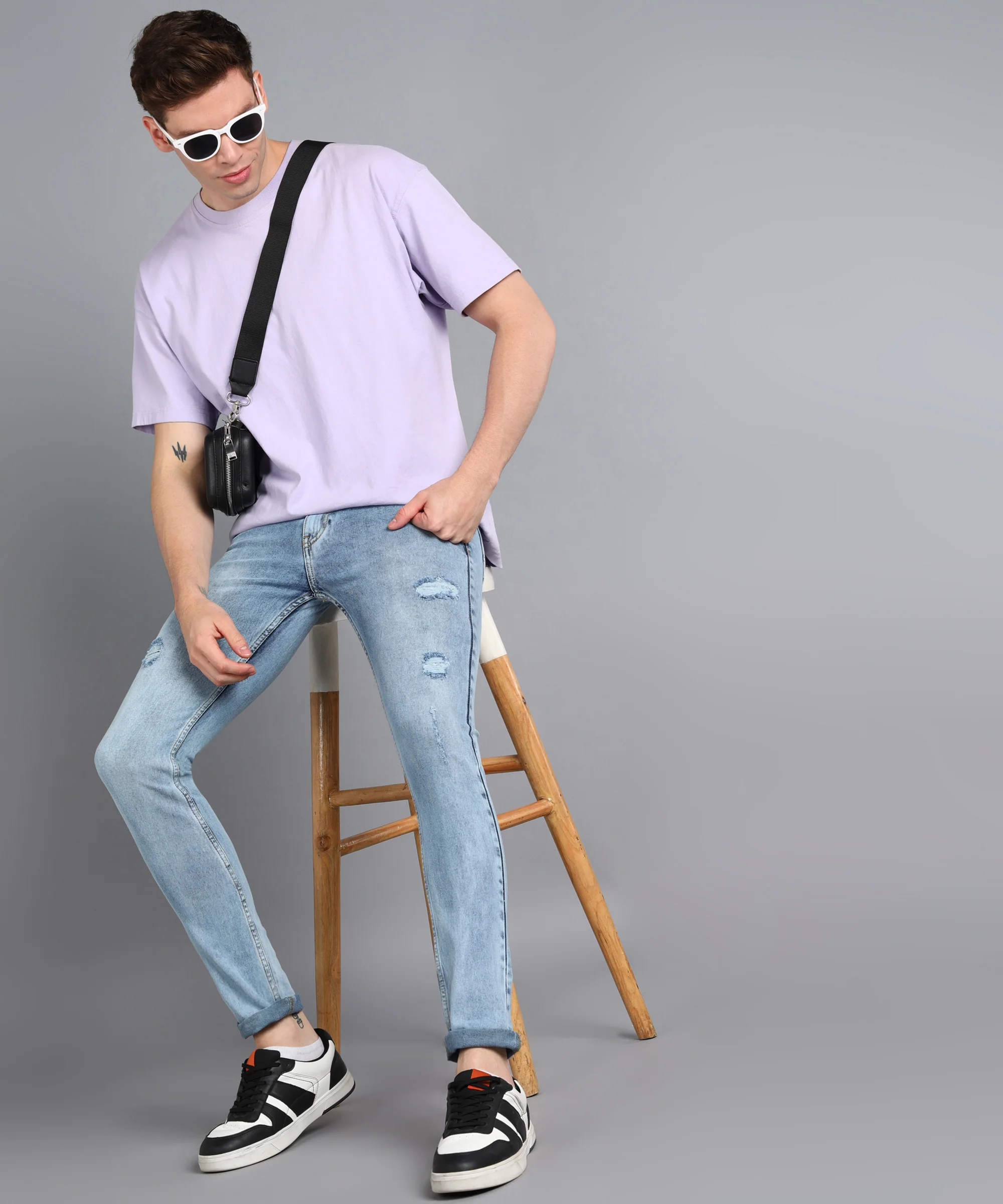 Men's Sky Blue Skinny Fit Washed Mild Distressed/Torn Jeans Stretchable - Image 4