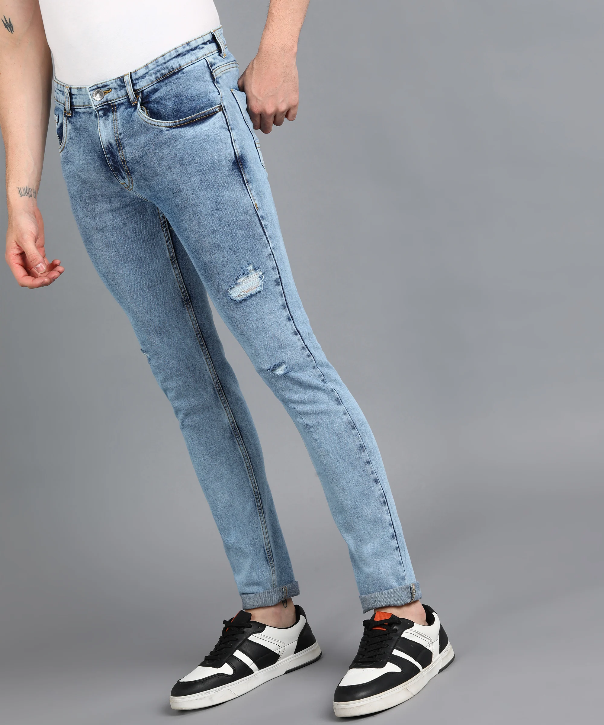 Men's Sky Blue Slim Fit Washed Mild Distressed/Torn Jeans Stretchable - Image 3