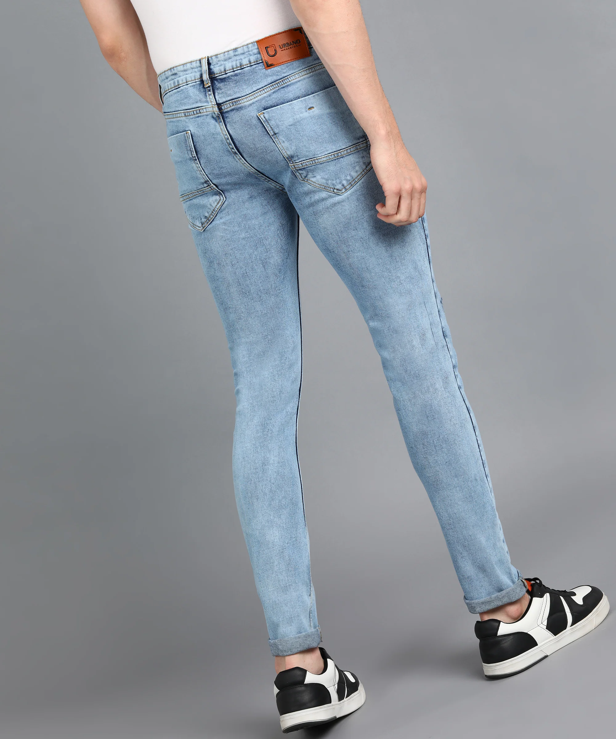 Men's Sky Blue Slim Fit Washed Mild Distressed/Torn Jeans Stretchable - Image 4