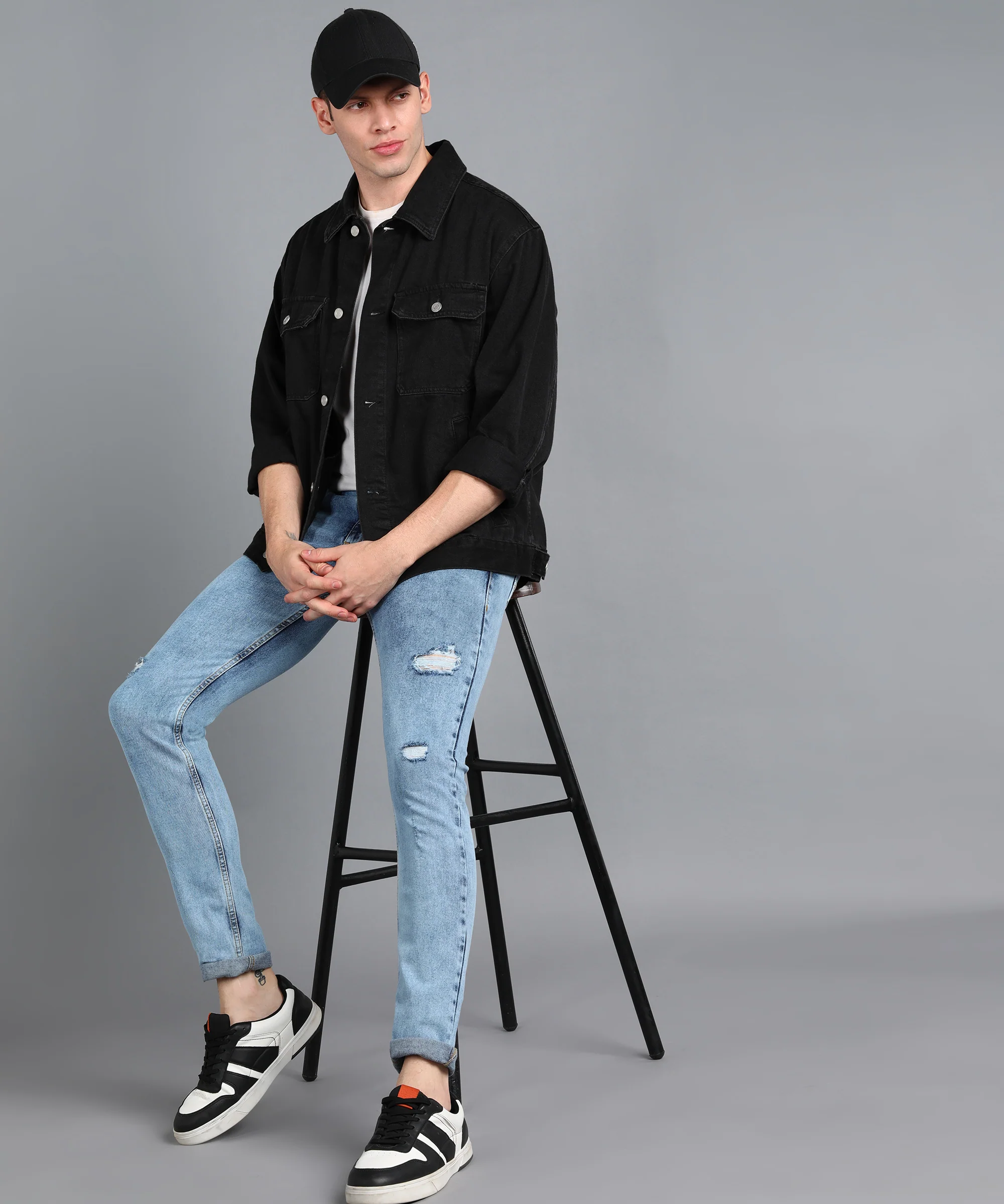 Men's Sky Blue Slim Fit Washed Mild Distressed/Torn Jeans Stretchable - Image 5