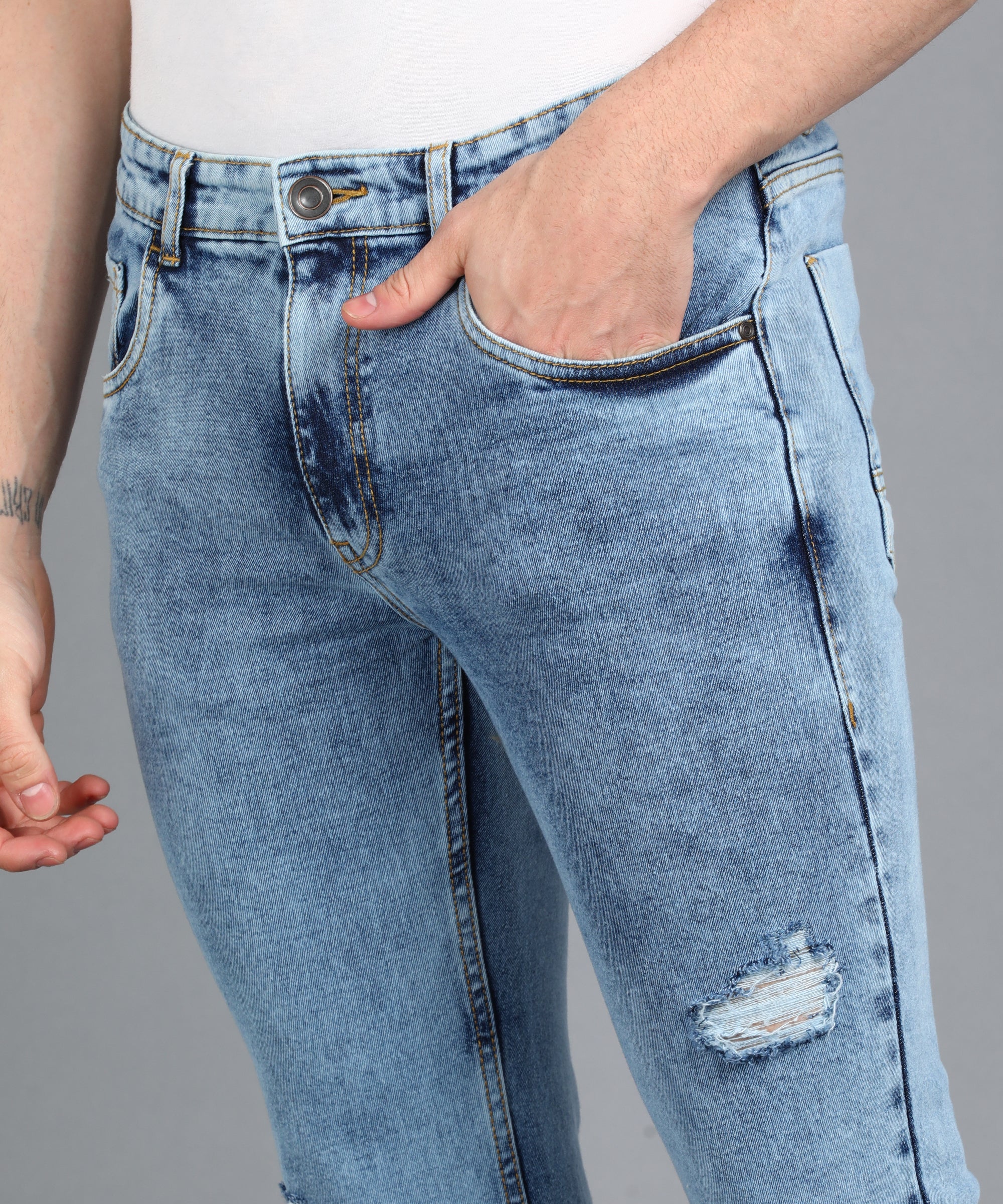 Men's Sky Blue Slim Fit Washed Mild Distressed/Torn Jeans Stretchable - Image 6