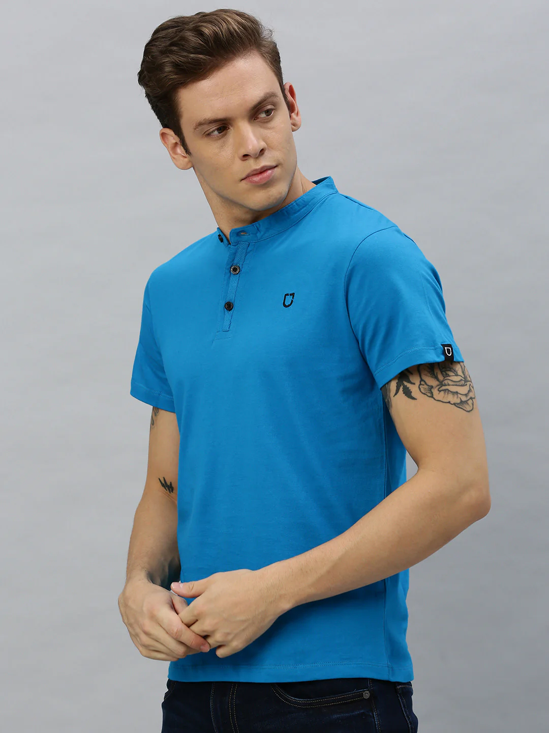 Men's Sky Blue Solid Mandarin Collar Slim Fit Cotton T-Shirt - Image 3