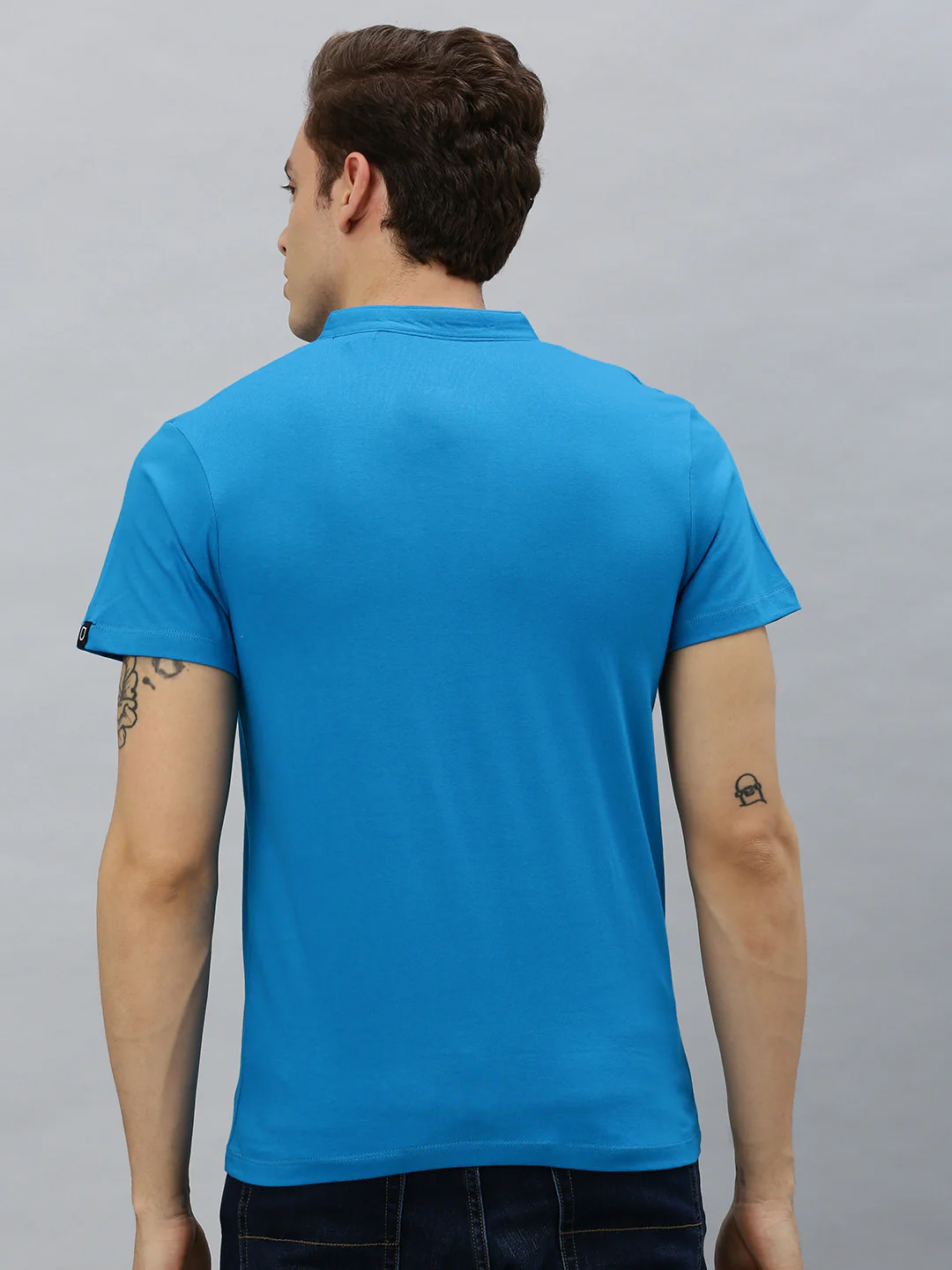 Men's Sky Blue Solid Mandarin Collar Slim Fit Cotton T-Shirt - Image 4