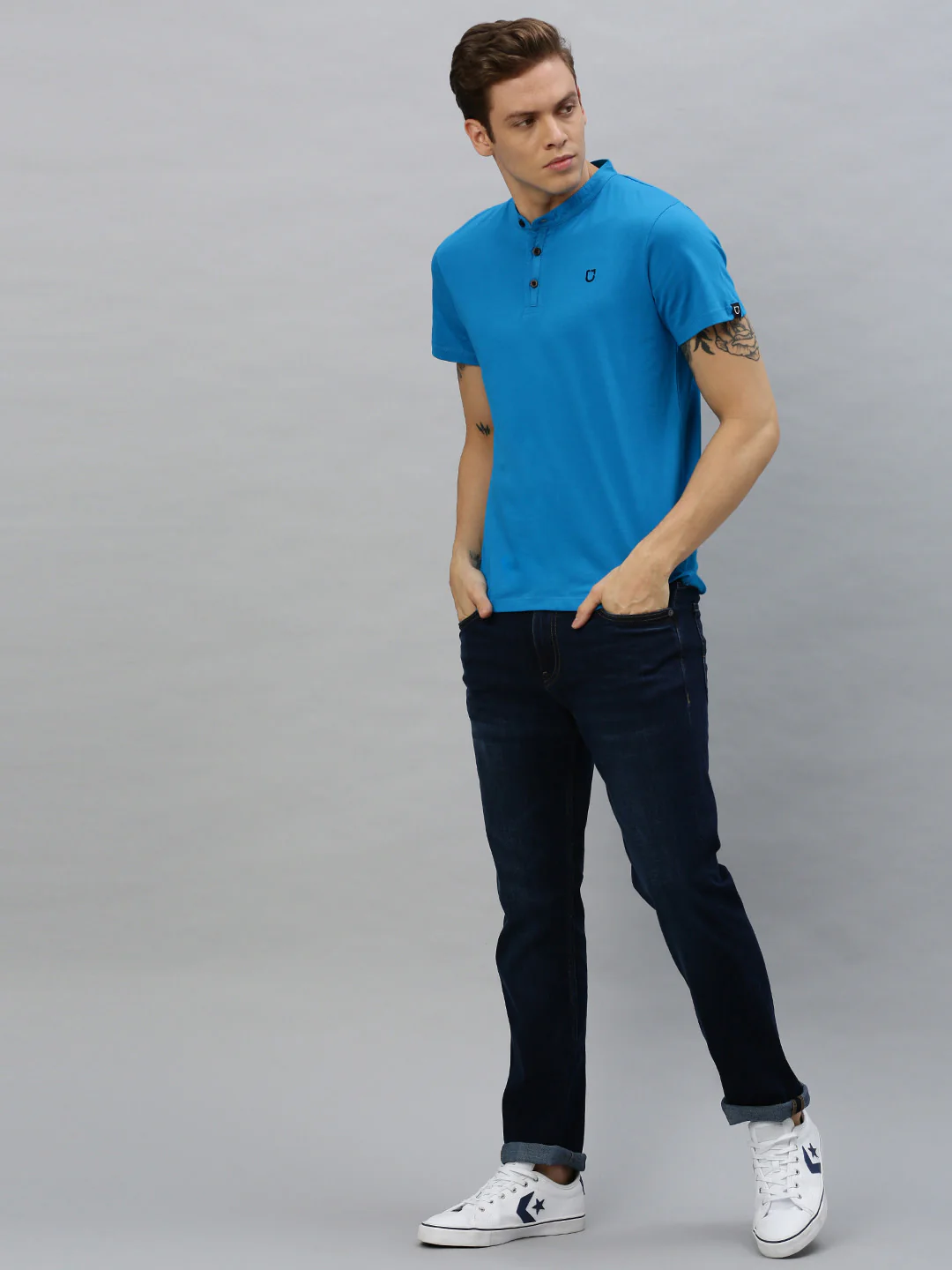 Men's Sky Blue Solid Mandarin Collar Slim Fit Cotton T-Shirt - Image 5