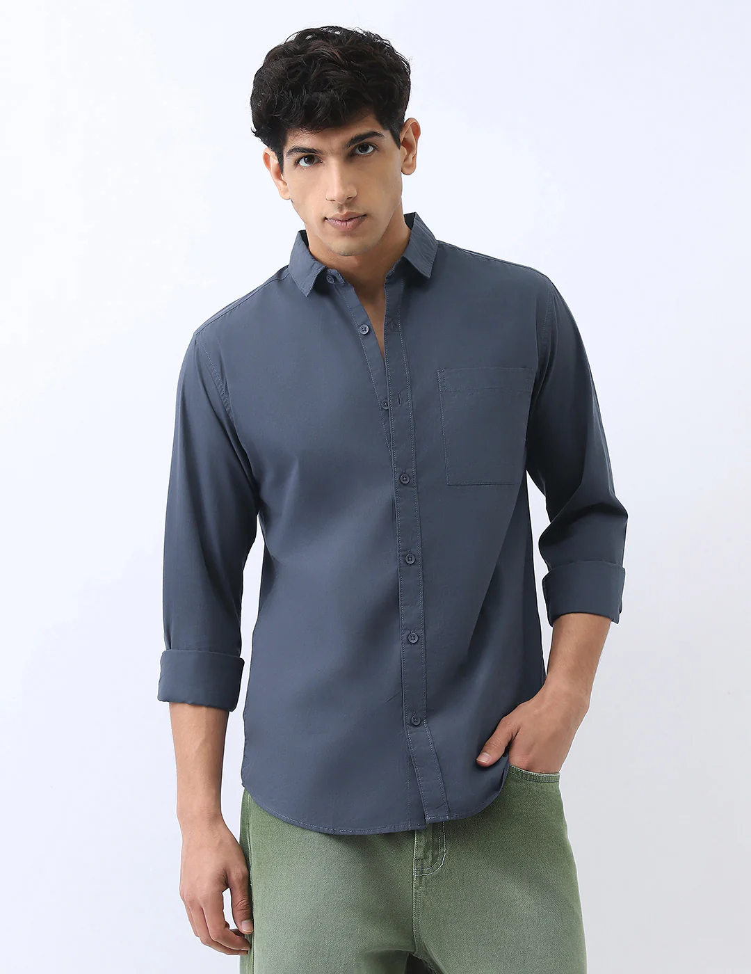 Men's Slate Blue Cotton Full Sleeve Regular Fit Casual Solid Shirt - Image 3