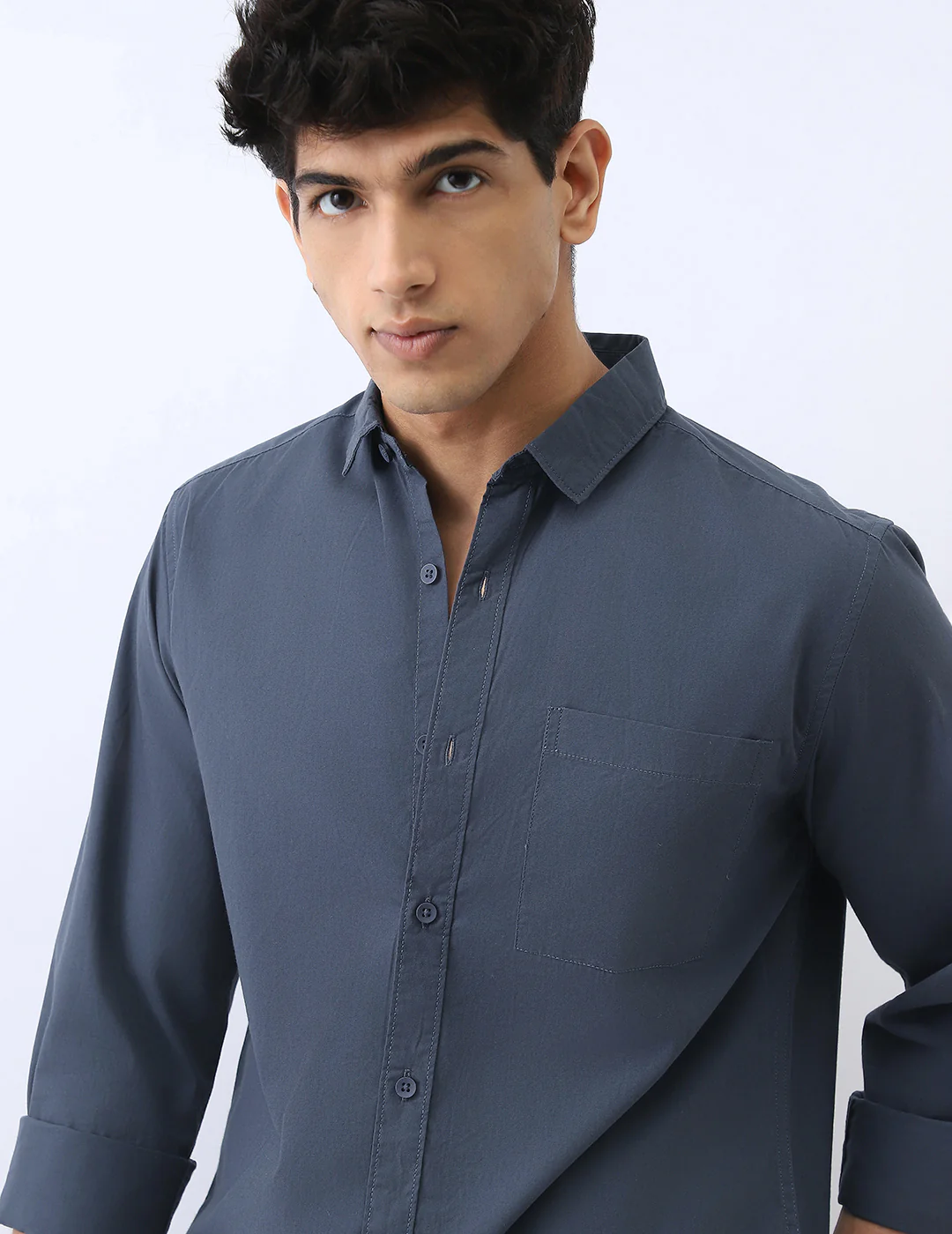 Men's Slate Blue Cotton Full Sleeve Regular Fit Casual Solid Shirt - Image 6
