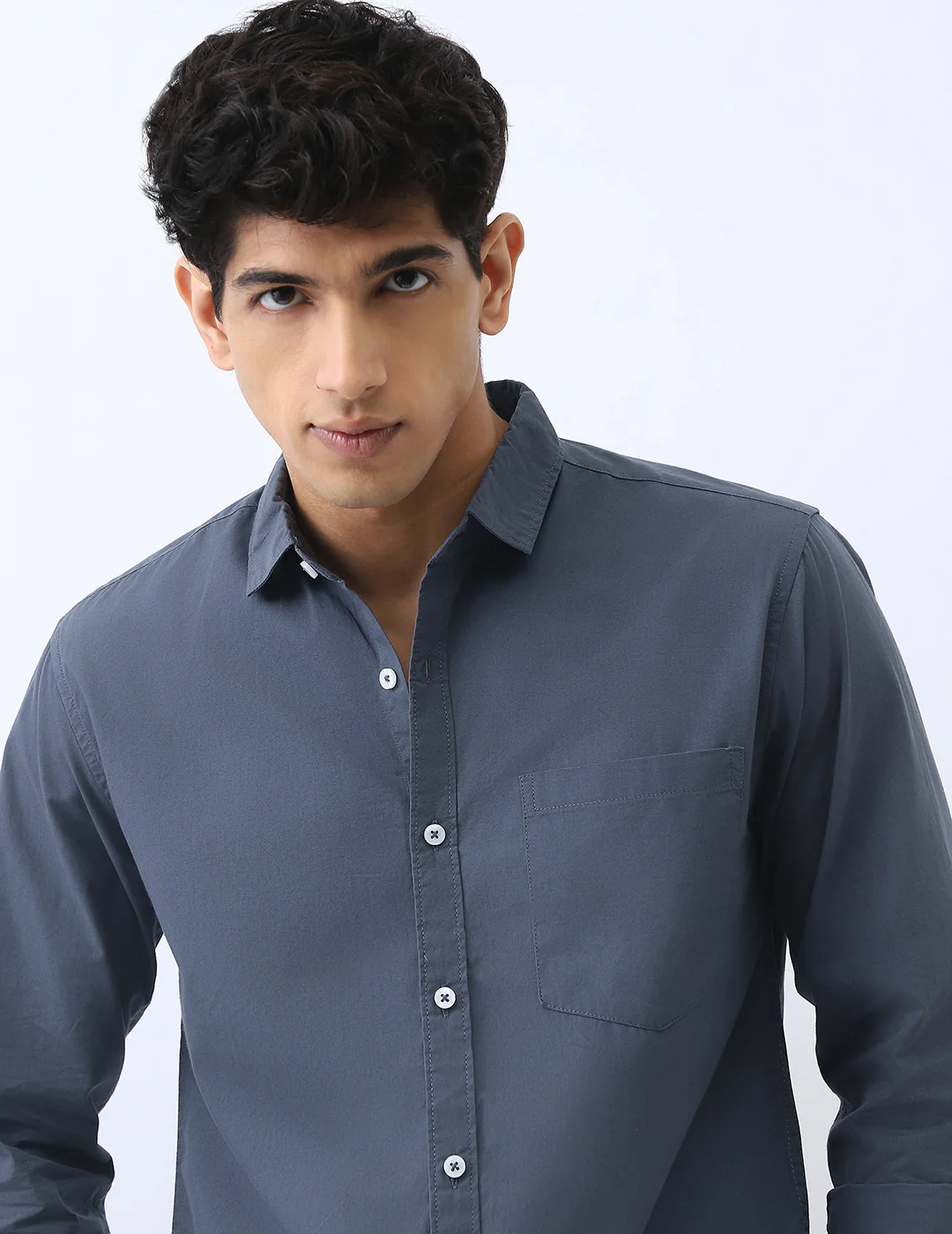 Men's Slate Blue Cotton Full Sleeve Regular Fit Casual Solid Shirt - Image 5