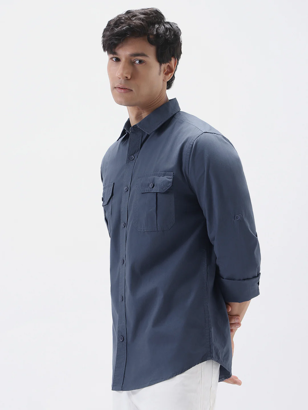 Men's Slate Blue Cotton Full Sleeve Regular Fit Casual Solid Shirt - Image 3