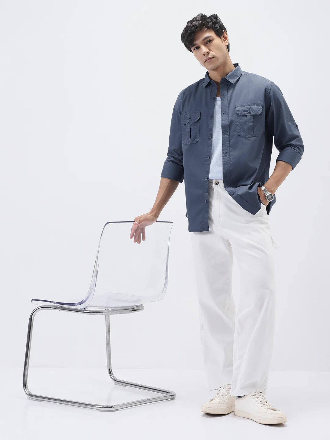 Men's Slate Blue Cotton Full Sleeve Regular Fit Casual Solid Shirt - Image 5