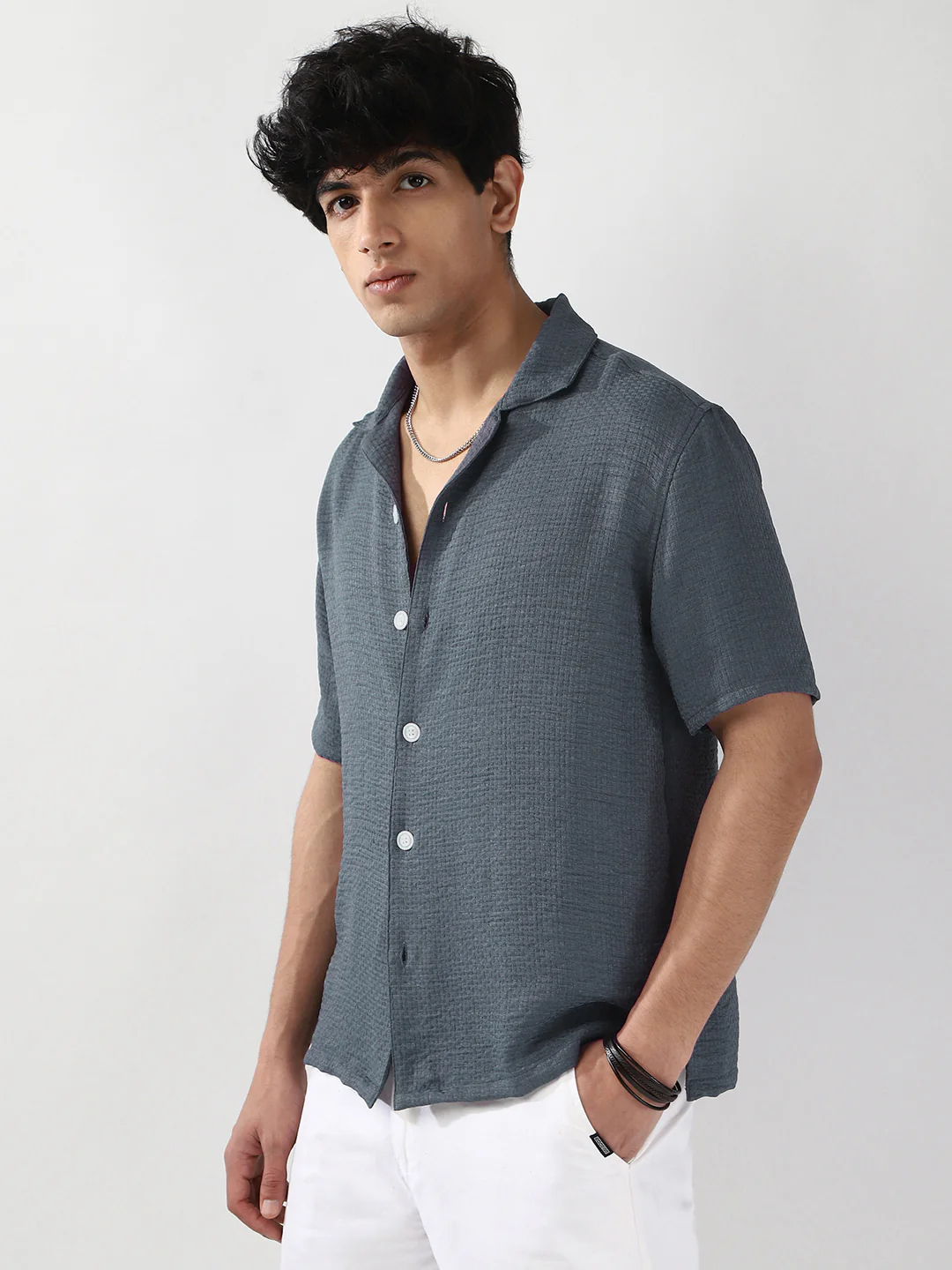 Men's Slate Blue Cotton Half Sleeve Oversized Fit Textured Shirt with Cuban Collar - Image 2
