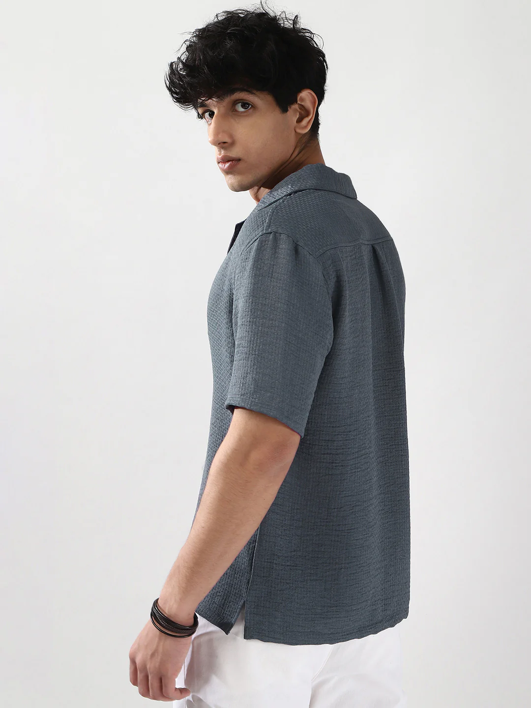 Men's Slate Blue Cotton Half Sleeve Oversized Fit Textured Shirt with Cuban Collar - Image 3